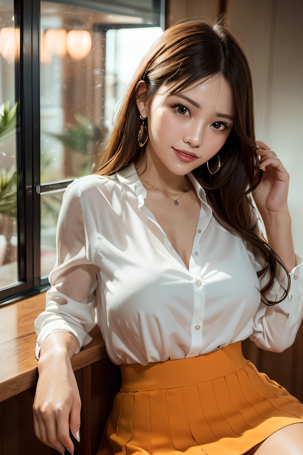 (masterpiece:1.3), high resolution, ultra detailed, extremely detailed CG unity 8k wallpaper, realistic, photo-realistic, RAW photo, beautiful detailed face, pale skin, realistic glistening skin, detailed cloth texture, detailed hair texture, Perfect body, Beautiful Face, accurate, Anatomically correct, Highly detailed face and skin texture, natural neck length, (beautiful hands), (fair skin:1.2), Thin legs, Thin feet,
BREAK,
Detailed eyes, symmetric eyes, Light Brown eyes, Double eyelids, Thin eyebrows, (Glossy lips:1.4), ((gently smile:1.2)), (blush:1.1),
BREAK,
(A Classy and Cute girl:1.3), (wearing a classy white Blouse:1.2), (orange long irregular hem skirt:1.2), close the button,
medium large breasts, (slender figure:1.1), firm abs, beautiful clavicle,
(Dark blonde hair, wavy hair, long hair:1.2), ((asymmetrical bangs:1.2)),
BREAK,
((leaning against the desk with Whispering:1.3)),
((in the stylish office at night:1.4)), (Cowboy shot:1.2), looking at viewer, from front:0.65,