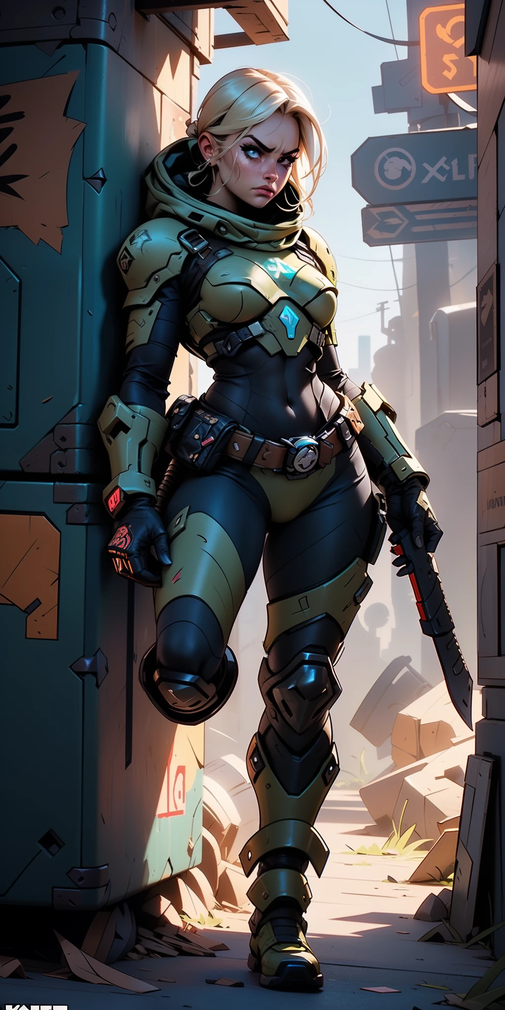 nsfw, melhor qualidade, Ultra Detalhado, obra prima, 1 garota, combatente sci-fi estilo doom slayer, Jogo de doom eternal, ((garota soldado usando uma armadura nsfw)), dinamic poses, Pose de combate, motor ureal 5, 8k, dramatic light, Apocalyptic urban setting, proporcional, simetrico, Aurea Ratio, art-station