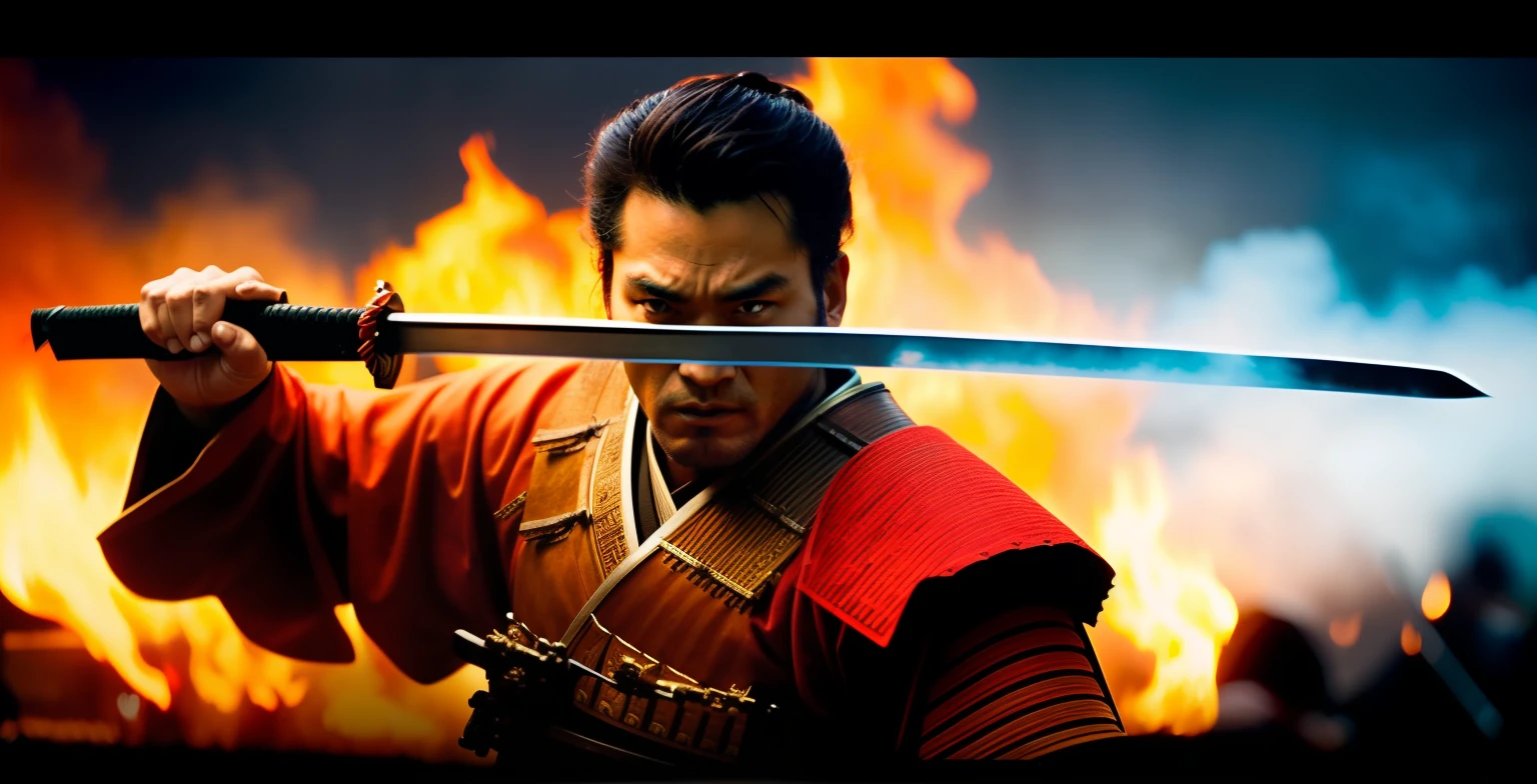 ((a cinematic scene)), a samurai holding a sword, ultra-detailed, ultra realistic, filmed by the director Quentin Tarantino, filmed on Kodak Ekstar 100, Photorealistic, masterpiece, highest details, uhd, professional color grading, red yellow black, balanced composition and symmetry, dramatic background, smoke and fire