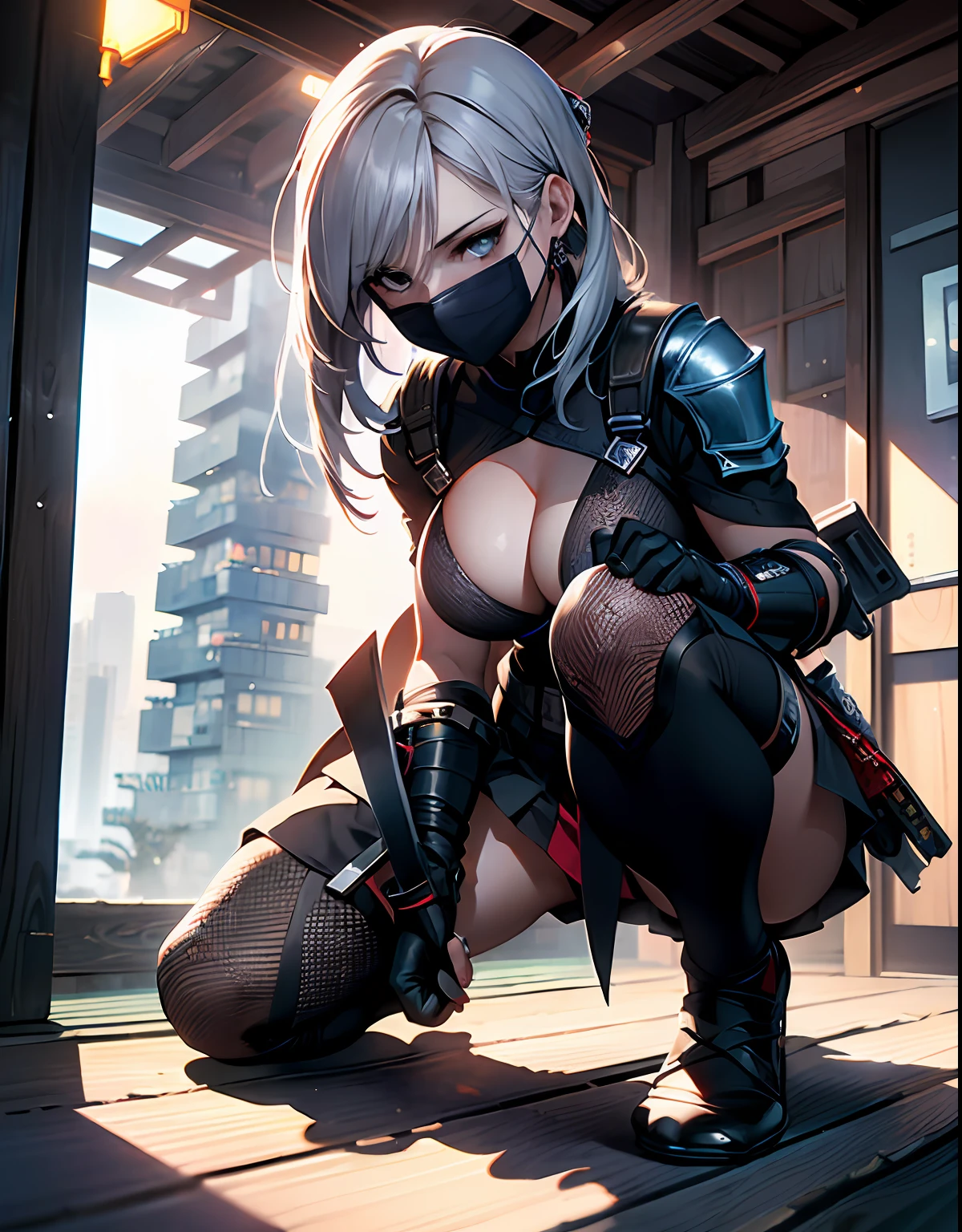 Masterpiece , best quality , thin to transparent , no bra , cleavage, perfect hands, perfect fingers, perfect fit, perfect body, perfect face,facing to camera ,(looking at viewer) , perfect image realism, detailed background, detailed outfit ,fair skin ,((shadows and highlight)),(sexy shinobi outfit , sexy mesh bodysuit ,mask ,shouder armor ,mini skirt , mesh knee sock , kunai knife) , hyperrealism, photorealistic, unreal engine, octane render, 8k, highest resolution, highly detailed, upper body , night time , ryokan , kneeling post , cinematic lighting, perfect view , from below