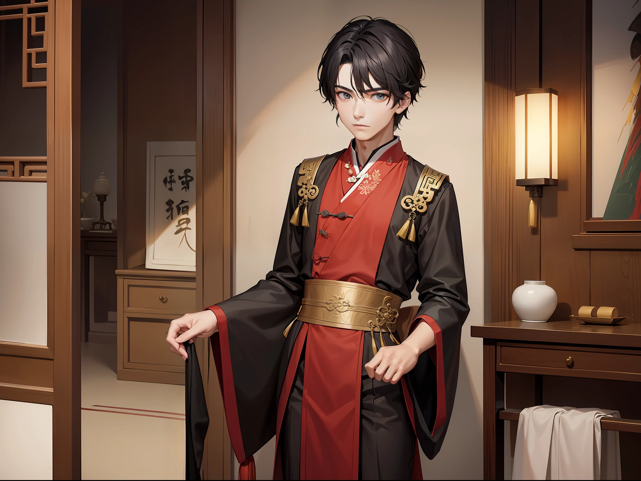 An ancient Chinese -year-oldstocrc boy,heroic look。Set up a standing painting。