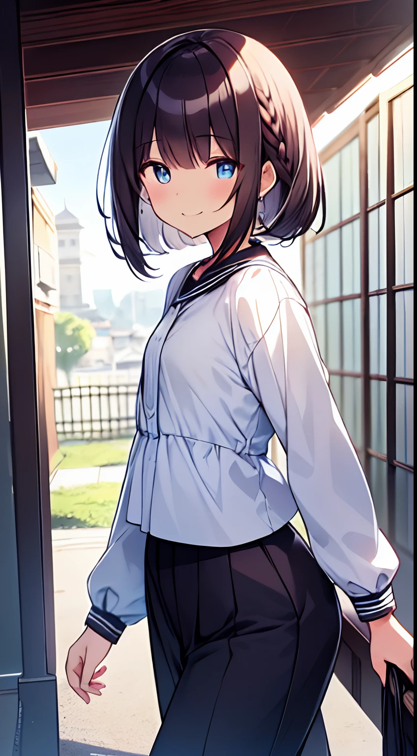 masutepiece, Best Quality,Illustration, Wallpaper, Ultra Detail, 1girl in,Solo,Beautiful detailed eyes,Very thick contour lines、Medium Short-Cut Hair、Short, Braided hair、(student clothes)、Dark hair color、A refreshing smile、Walking next door、Kamimei、Overlooking angle:1.2、small head