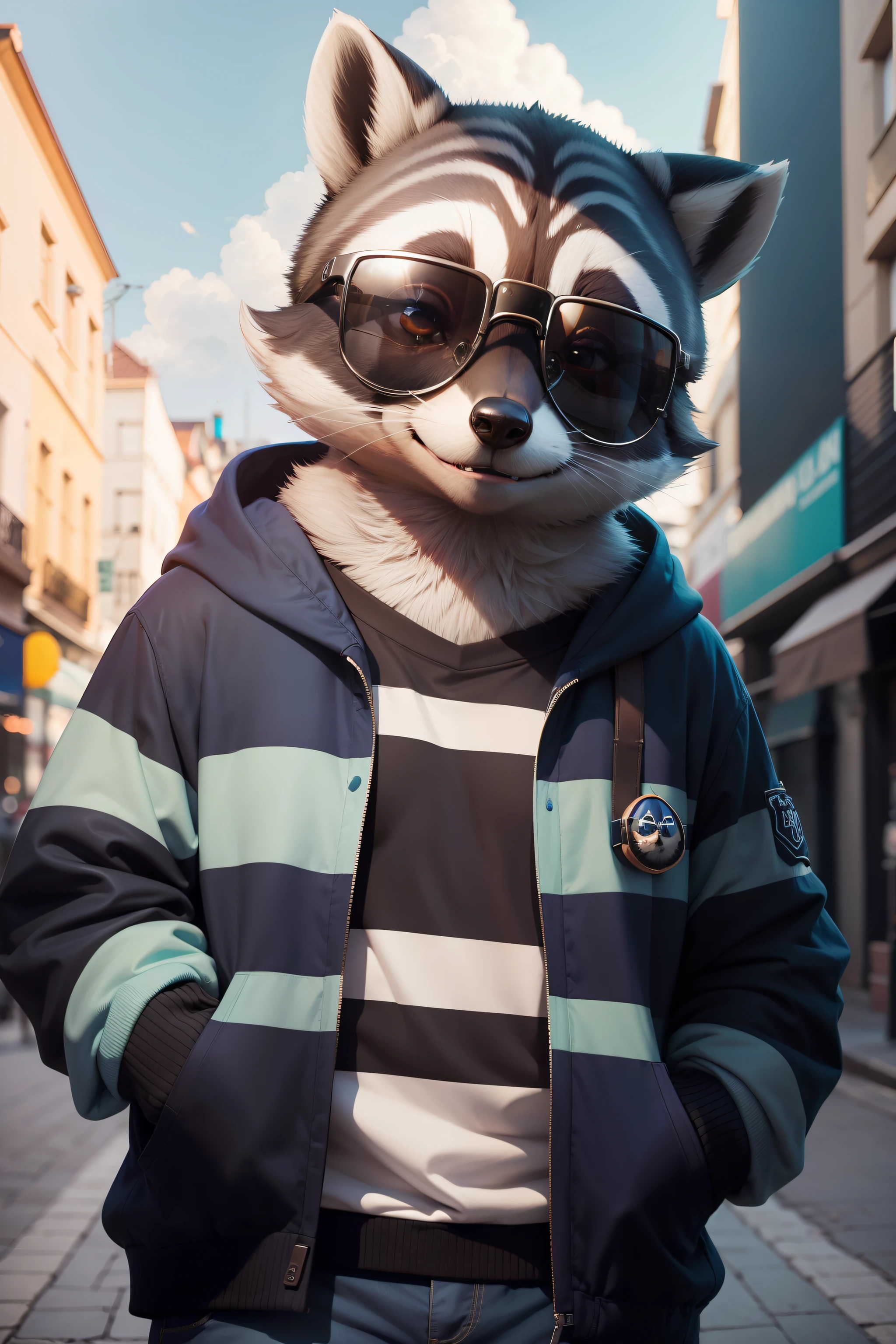 stuffed raccoon Rocky Racon, moletom azul grande usando capuz  ,ultra realista, olhando de frete, sozinho, of sunglasses, fofo, amigavel, standingn, sorrindo, feliz 4k