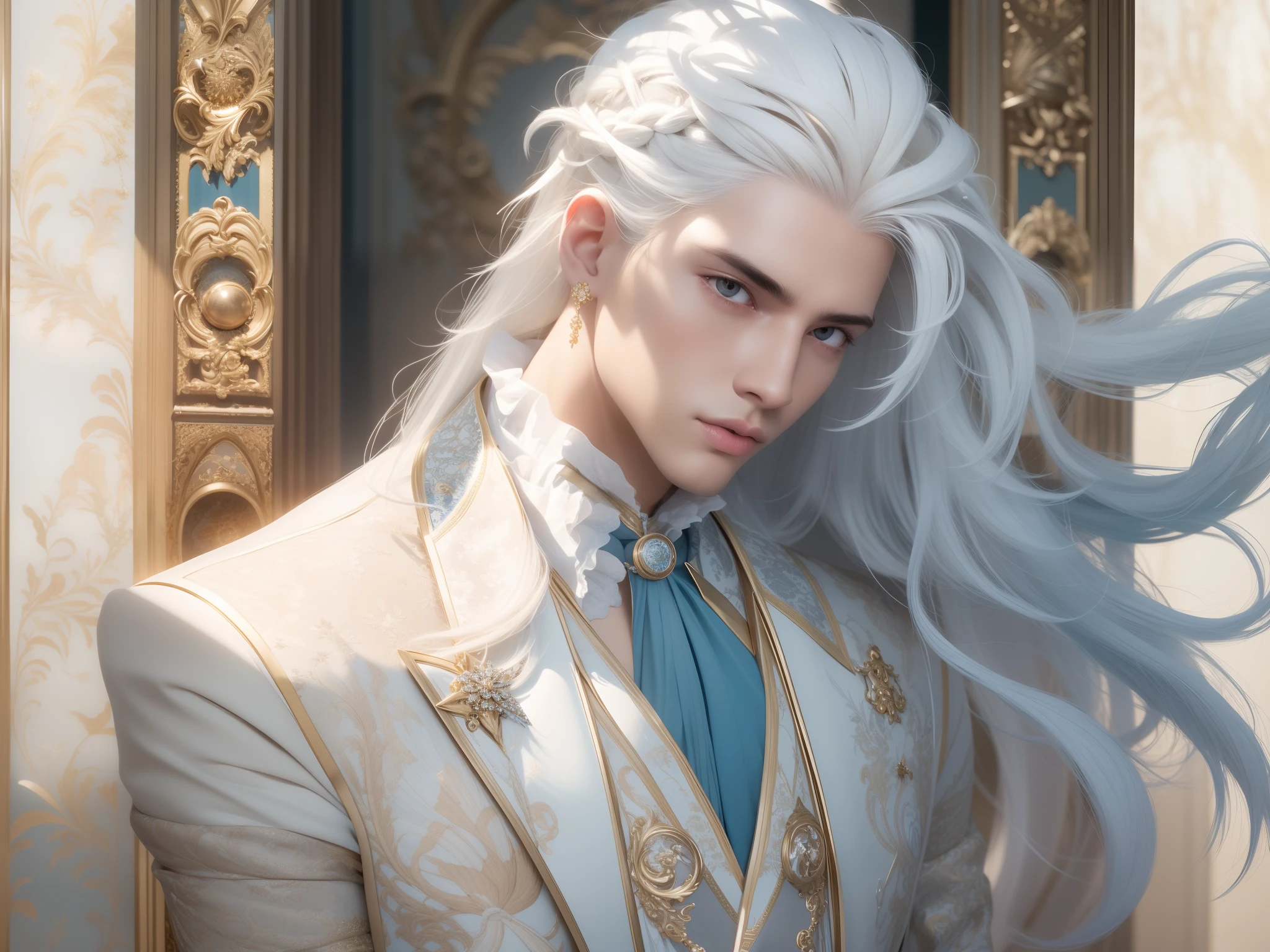 1guy, gorgeous dapper Elysian male with perfect balance of masculine and feminine features, (stunning long pure white hair, 1braid), white and powder blue tetradic colors, perfect anatomy, approaching perfection, stern gold eyes, 8k resolution, (Single person), masterpiece, perfect face:1.2), intricate details, opulent detailed background, full lips, curvy guy, cinematic lighting,nijistyle