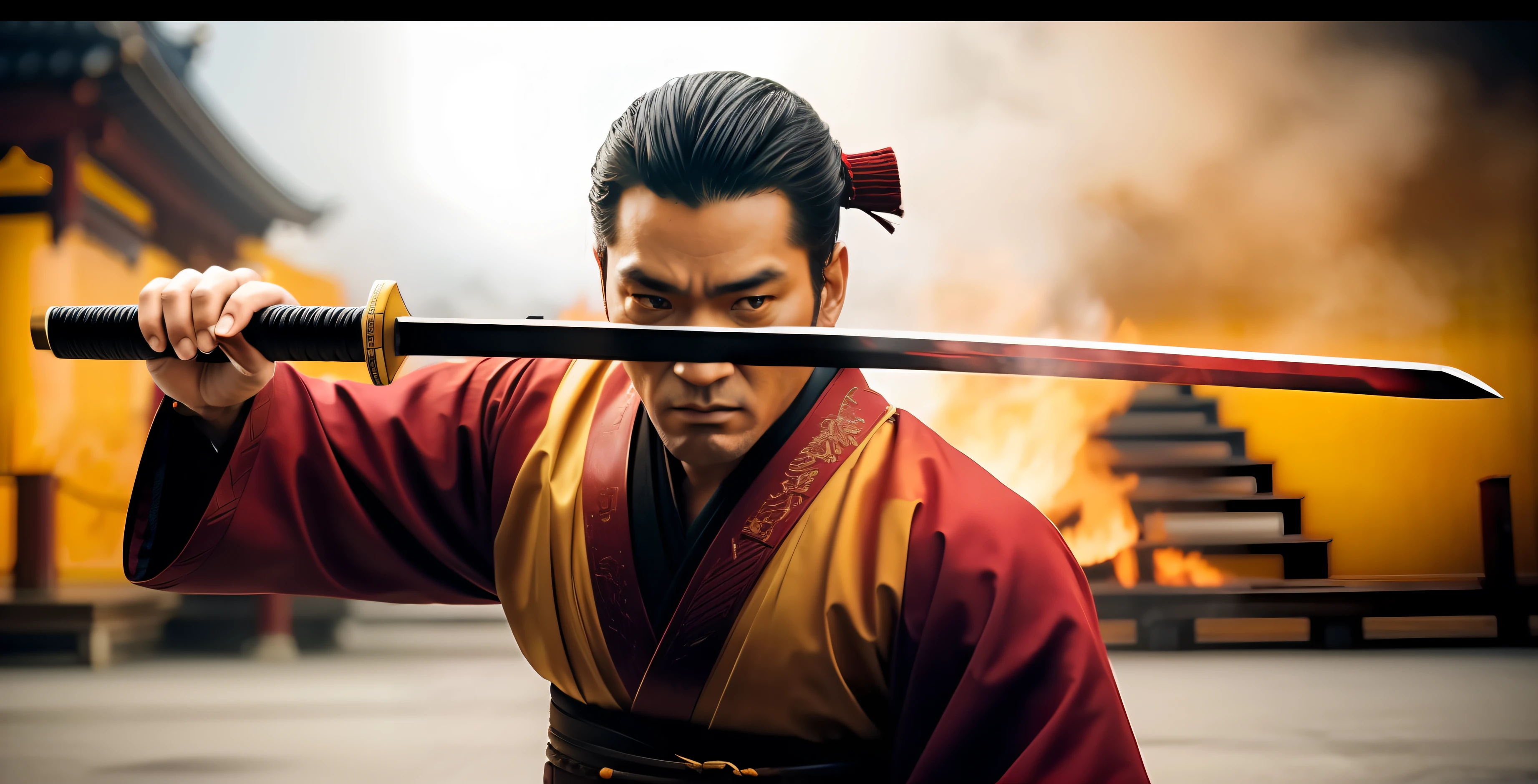 ((a cinematic scene)), a samurai holding a sword, ultra-detailed, ultra realistic, filmed by the director Quentin Tarantino, filmed on Kodak Ekstar 100, Photorealistic, masterpiece, highest details, uhd, professional color grading, red yellow black, balanced composition and symmetry, dramatic background, smoke and fire