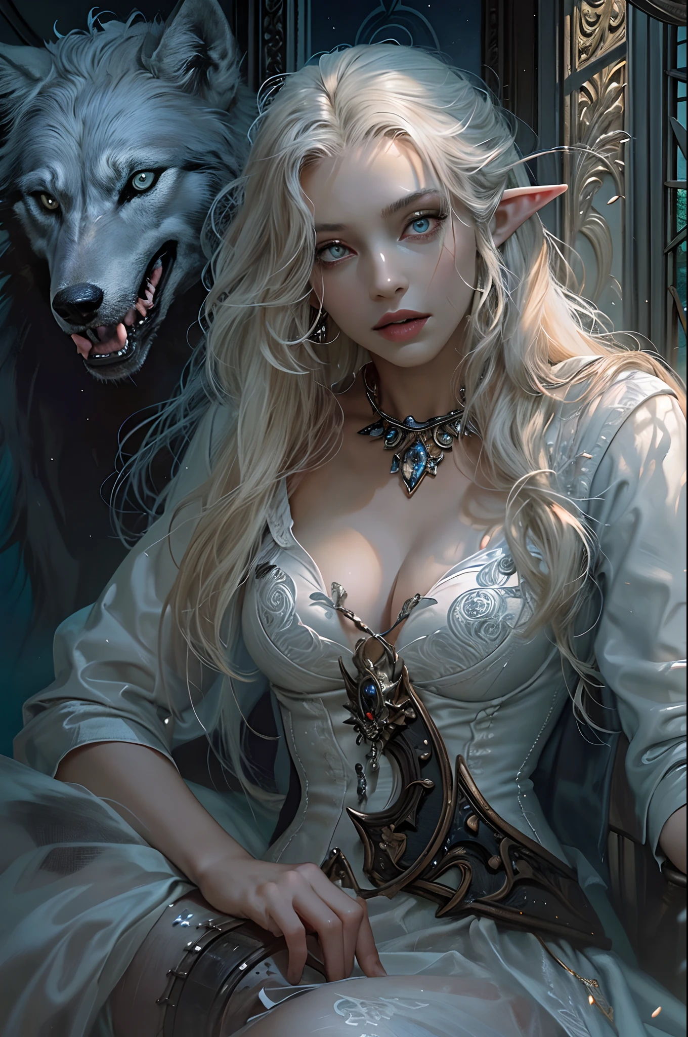 a picture of vampire elf in her castle and her pet wolf, an exquisite beautiful female elf vampire (ultra detailed, Masterpiece, best quality), full body, ultra detailed face, blond hair, grey pale skin, hair in a ponytail, long hair, blue eyes, cold eyes, glowing eyes, intense, eyes small pointed ears, smirking with a taint of blood (ultra detailed, Masterpiece, best quality), wearing white dress (ultra detailed, Masterpiece, best quality), dark blue cloak, in dark fantasy library, with an big grey wolf (ultra details, Masterpiece, best quality) book shelves, high details, best quality, 8k, [ultra detailed], masterpiece, best quality, (ultra detailed), full body, ultra wide shot, photorealism, RAW, dark fantasy art, moon light coming through the window, moon rays, gothic art, sense of dread, sense of seduction