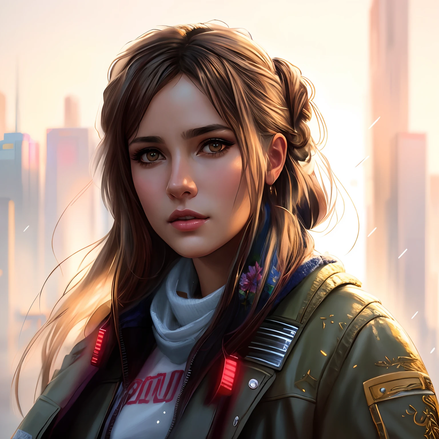 A closeup of a woman in a jacket and scarf, Wojtek FUS, retrato da arte do personagem, Retrato CGSetivity, arte de personagem impressionante, retrato detalhado do caractere, arte conceitual realista do personagem, arte do retrato do personagem, Cinematic realistic portrait, retrato da arte do conceito do personagem, irreal 5. retrato de rpg, estilo de arte realista, O retrato da menina cyberpunk, 🤤 retrato da menina, retrato de personagem de closeup