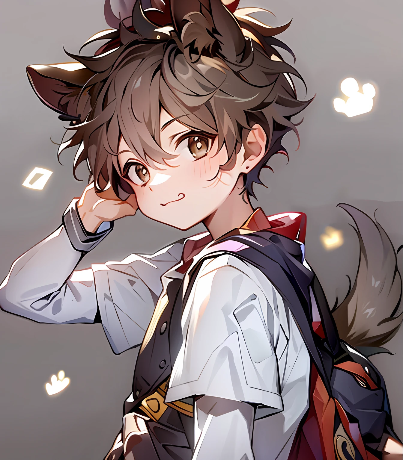 Masterpiece, Best quality, Shota,, ashblossom, Brown hair, Brown eyes, Animal ears, Forehead, bangs pinned back, komono, Very long sleeves, Smug