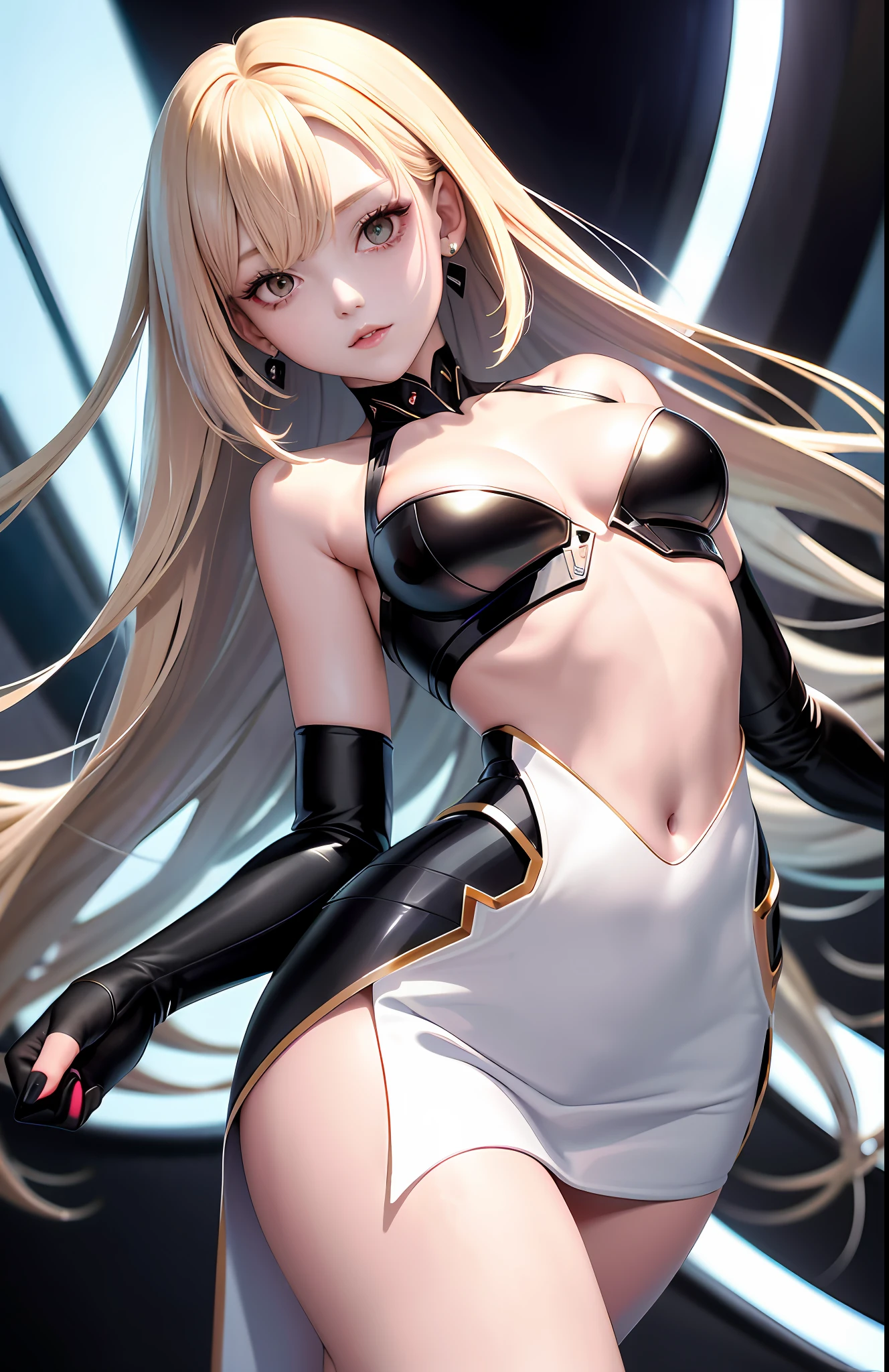 optimum,tmasterpiece,A high resolution,best qualtiy,hyper HD,super detailing,Award-Awarded,16k,独奏,(The upper part of the body),anatomy correct,Beautiful cyberpunk girl,Ex Machina,cute face,high light,Gradient Beige Hair,Hairline,((Scarlet eyes)),long eyelasher,Hanging eye corners,White skin of the,(small boobs),(Slim body),((blazer)),((high-waist_Skirt)),(),ear studs,(neck rings),(Laser material clothing:1.2)