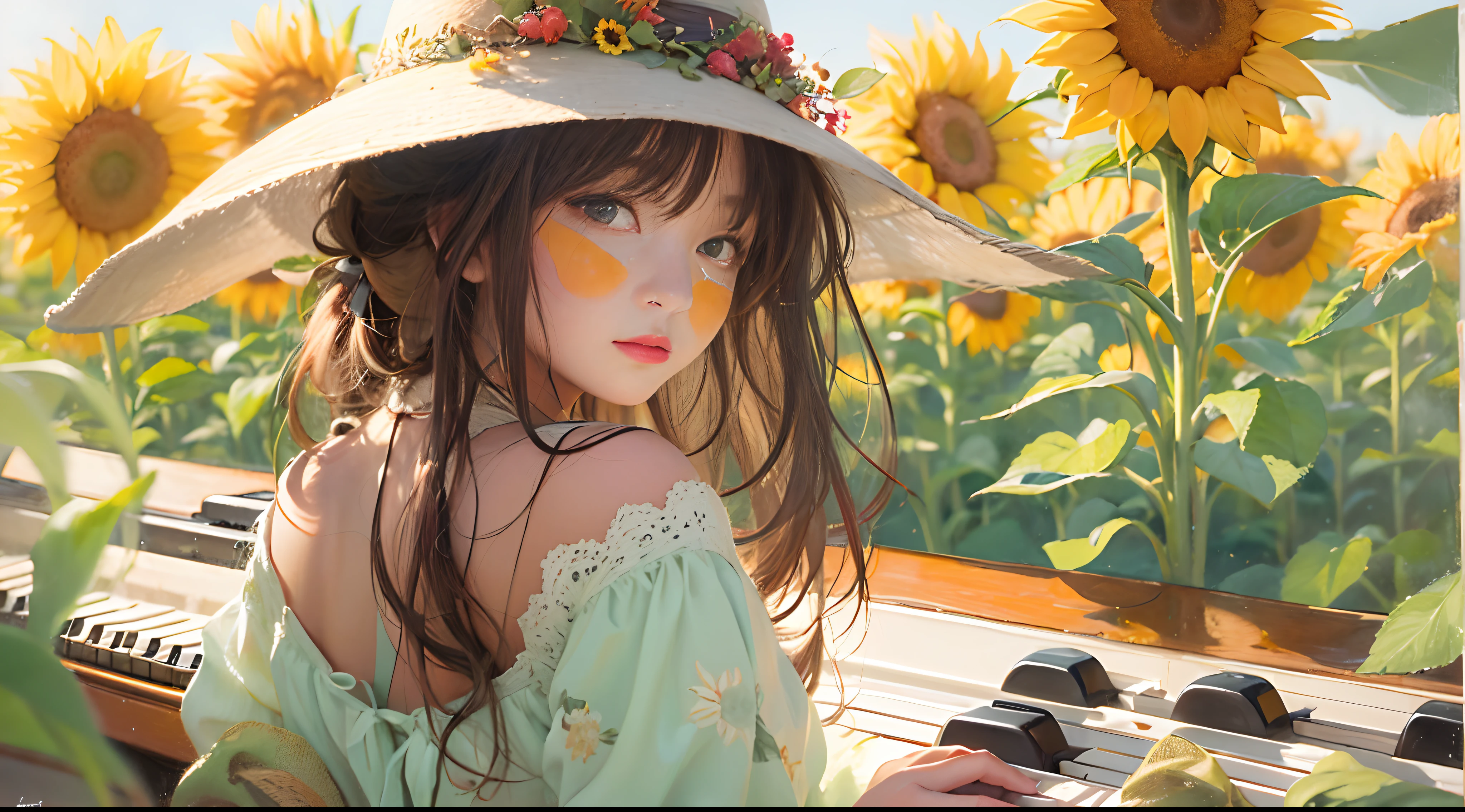 (oil painted:1.2),Kizi，Sit on the piano solo, florals,  Light wind,  signed, Sunflower fields, Brown hair, Long micro hair, Black colored eyes, sideface, Long white dress，With a hat，rays of sunshine