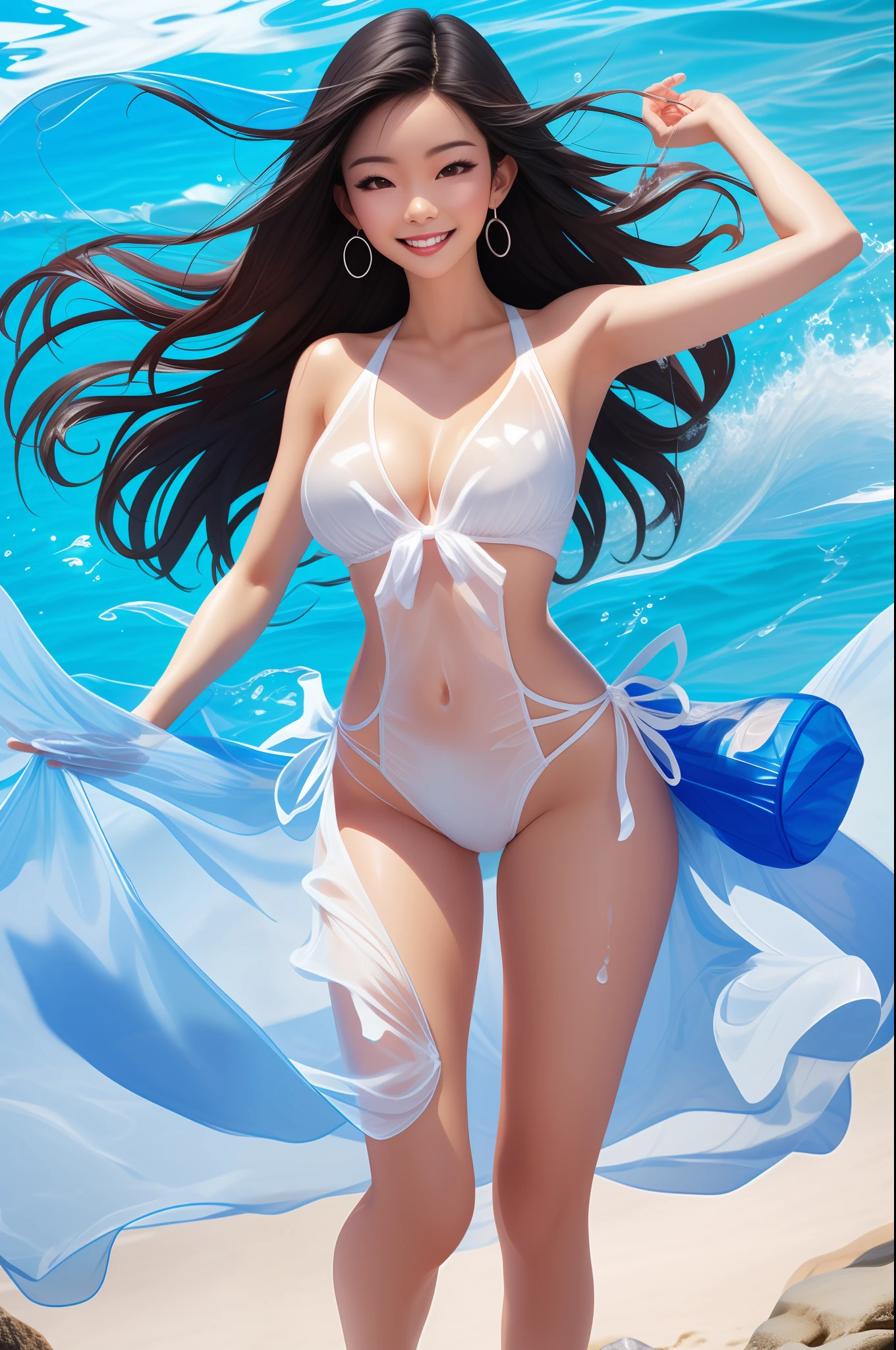 Seaside beauty,swim wears,Translucent clothes,Splashes,Sexy figure,Smile Expression,looks into camera,