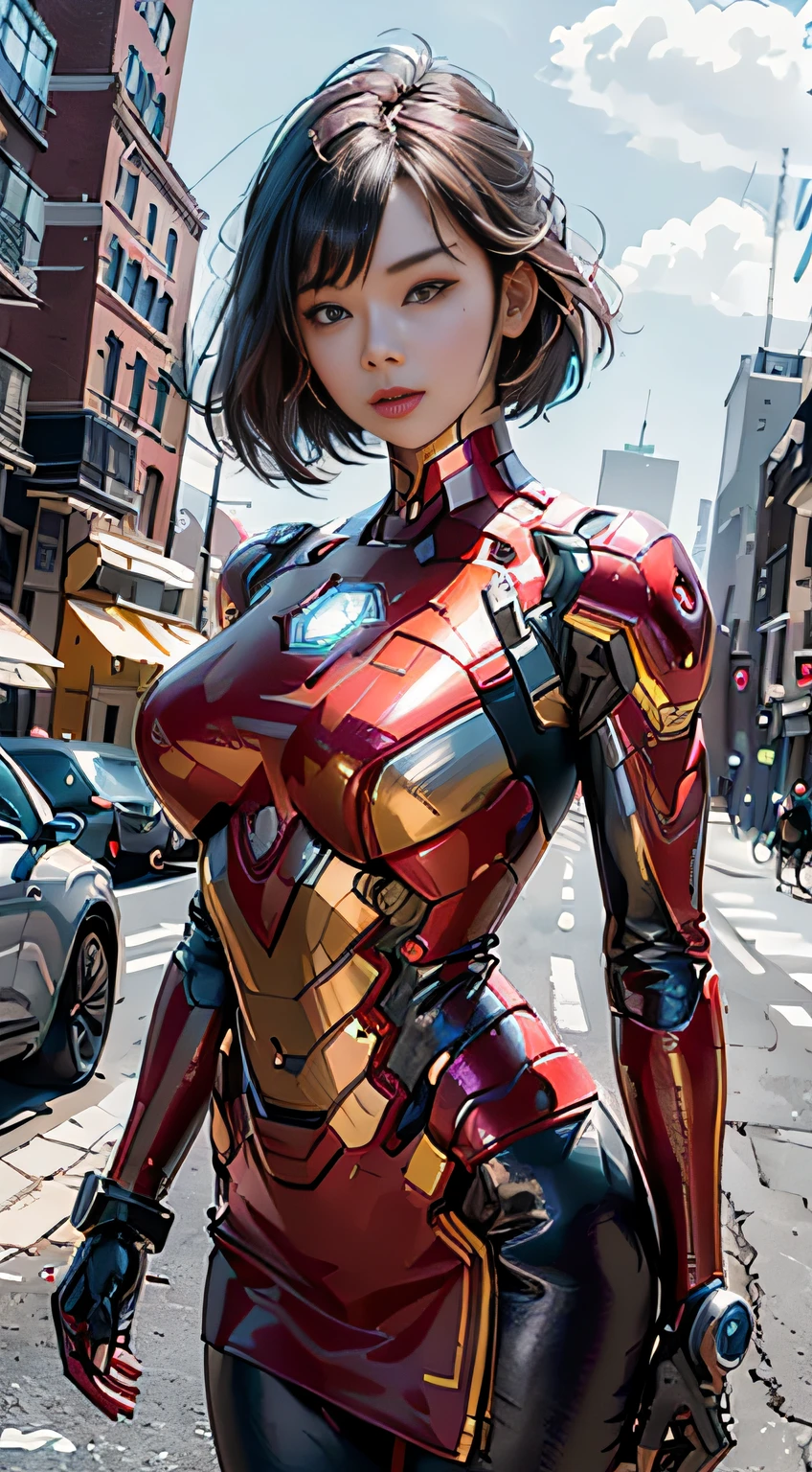 8K，realisticlying，Glamorous，The is very detailed，A 20-year-old girl, a sexy and charming woman, inspired by Iron Man，Wearing a shiny Iron Man dress。She dresses to show sexiness and confidence，It perfectly interprets the power and charm of Iron Man。In a cyberpunk-style night view of the city，A sexy and charming woman with an actor-playing theme for Iron Man。She wears a shiny Iron Man dress，Stand on a street lined with tall buildings。The night view of the city is brightly lit，Reflected on her mech，It adds a sense of futuristic technology。The surrounding buildings and streets are full of cyberpunk elements，Like neon lights、High-tech installation and futuristic architectural design。The whole scene is full of futuristic and sci-fi atmosphere。This one is high definition、High-quality images will give you a stunning visual enjoyment，Will be sexy、Futuristic and sci-fi elements are a perfect combination。oc rendered，dramatic lights，Award-winning quality