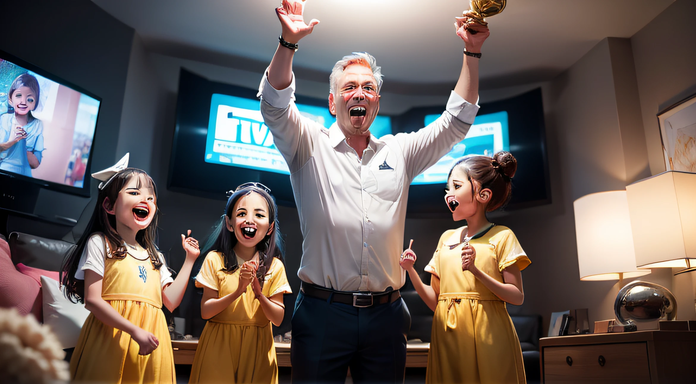 father proudly showcasing a gleaming trophy, joyful children and mum cheering and celebrating in a lively TV room