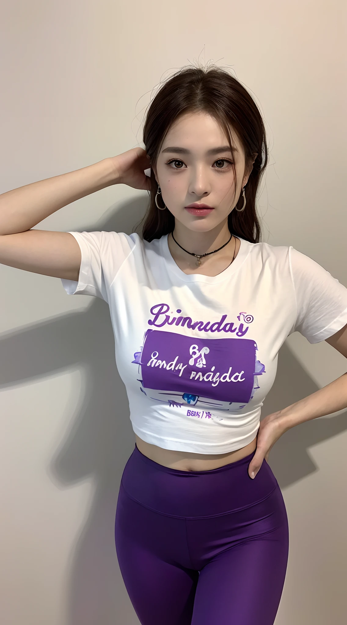 ((midynight, Need, 8k, tmasterpiece:1.3)), full bodyesbian, Long legs, Focalors:1.2, perfect figure beautiful woman:1.4, Slim abs:1.1, ((Dark brown hair, huge tit:1.2 )), (white tight t-shirt, Purple yoga pants, standing on your feet:1.2), ((punky style :1.3)), Highly detailed facial and skin texture, A detailed eye, 二重まぶた