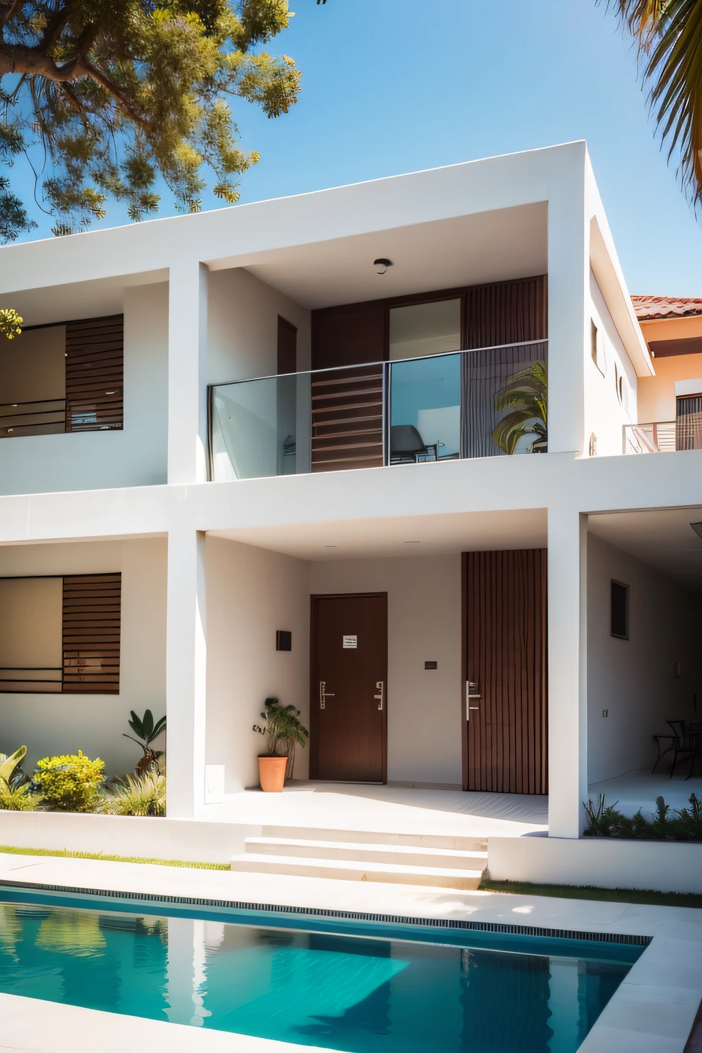 Fachada de casa moderna, muitos detalhes, arborizado e piscina