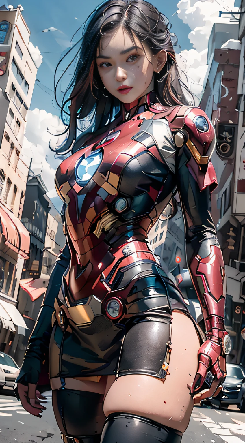 8K，realisticlying，Glamorous，The is very detailed，A 20-year-old girl, a sexy and charming woman, inspired by Iron Man，Wearing a shiny Iron Man dress。She dresses to show sexiness and confidence，It perfectly interprets the power and charm of Iron Man。In a cyberpunk-style night view of the city，A sexy and charming woman with an actor-playing theme for Iron Man。She wears a shiny Iron Man dress，Stand on a street lined with tall buildings。The night view of the city is brightly lit，Reflected on her mech，It adds a sense of futuristic technology。The surrounding buildings and streets are full of cyberpunk elements，Like neon lights、High-tech installation and futuristic architectural design。The whole scene is full of futuristic and sci-fi atmosphere。This one is high definition、High-quality images will give you a stunning visual enjoyment，Will be sexy、Futuristic and sci-fi elements are a perfect combination。oc rendered，dramatic lights，Award-winning quality