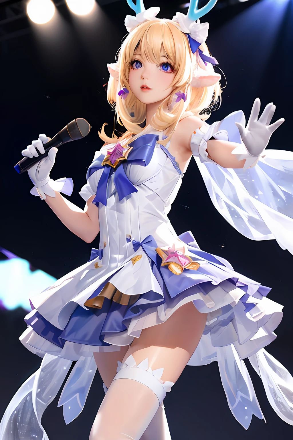 ((Very detailed CG)),1girll,Masterpiece,exquisiteCGrendering,(High detail skin:1),Smooth skin,Super high resolution,Sparkling eyes,Perfect body,Feminine body,Refined facial features,mitts, White_mitts, dress, White_legwear, Solo, Blonde_Hair,deer antlers，A cute girl holding a microphone sings and dances on stage，The spotlight shines on the body