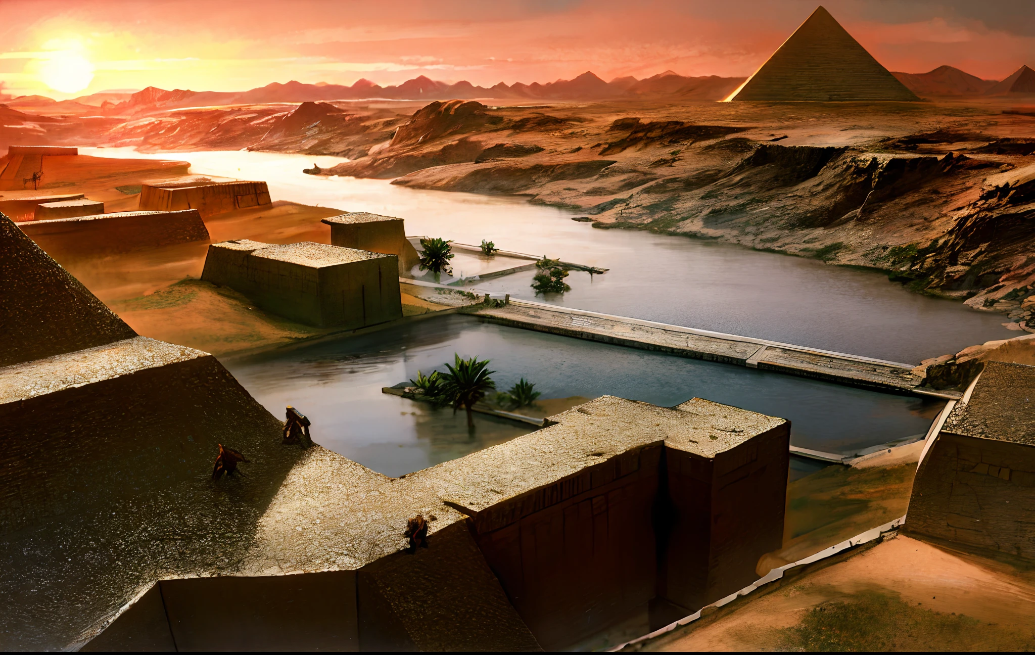 Ancient Egyptian civilization，wide wide shot，Nile River，pyramid，setting sun，The river extends to the horizon，epic sense，Sense of grandeur