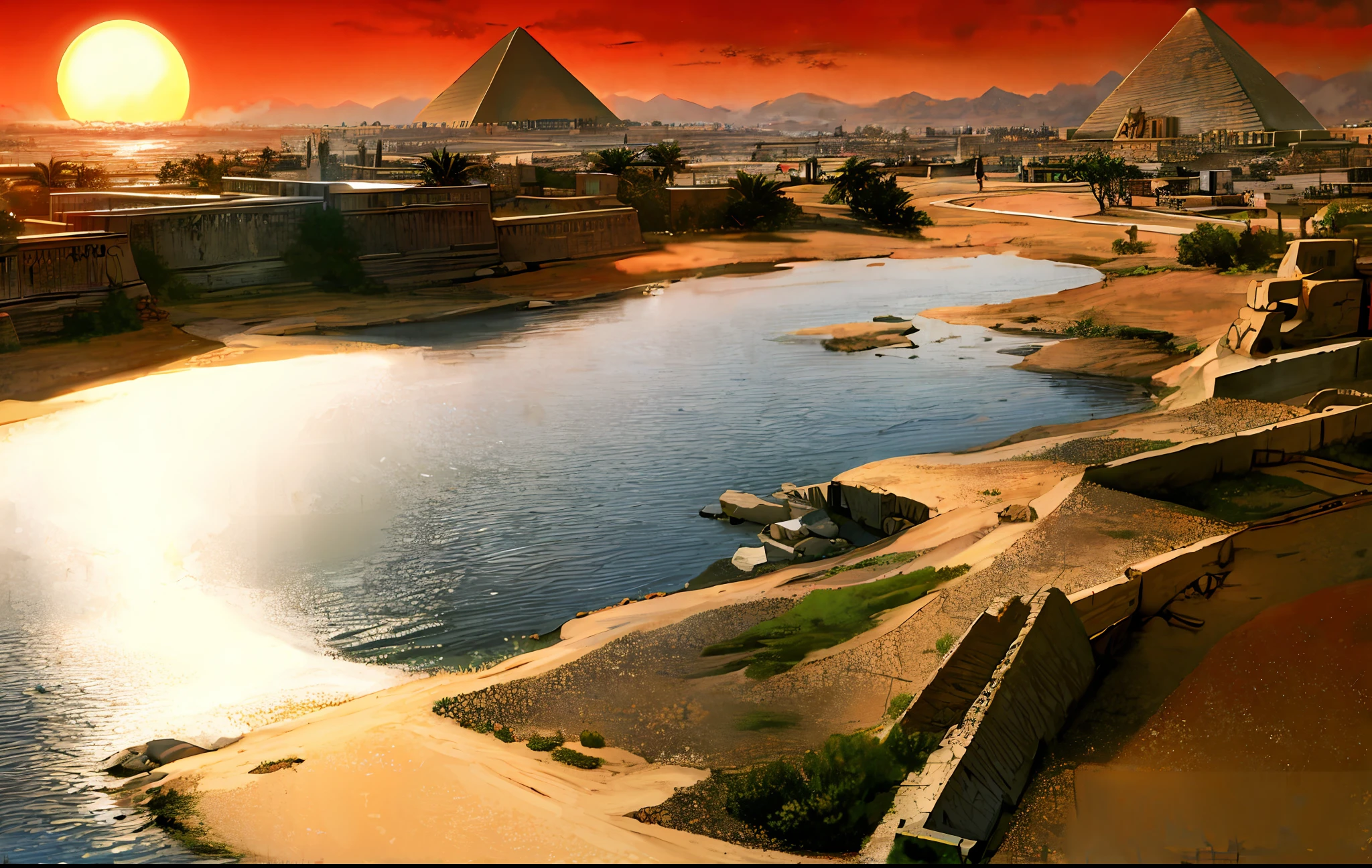 Ancient Egyptian civilization，wide wide shot，Nile River，pyramid，setting sun，The river extends to the horizon，epic sense，Sense of grandeur