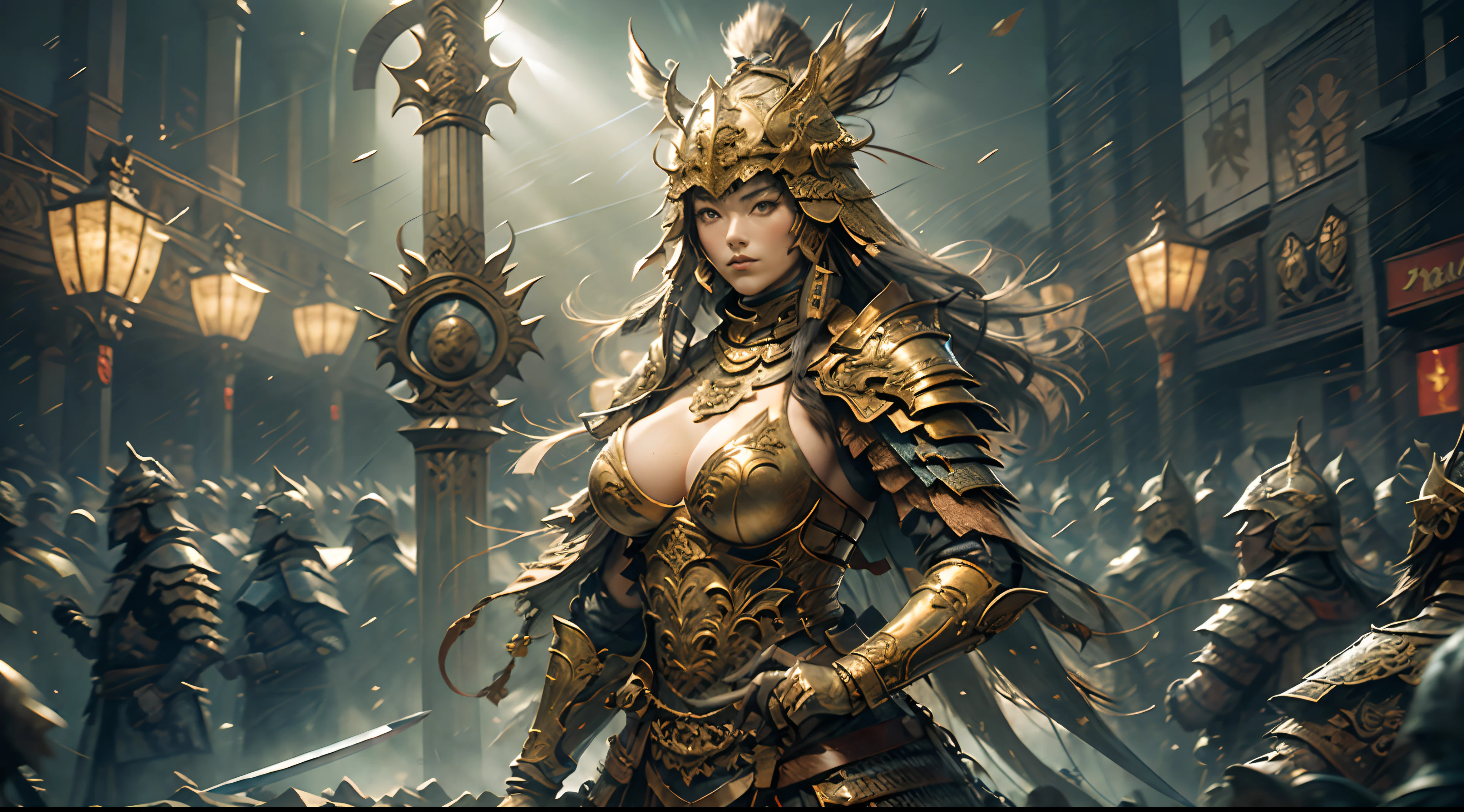 A middle-aged woman in armor and a sword stands in front of the audience, large full breasts, (Perfect Body), (Masterpiece), In a very sexy pose, (The ultra-detailliert), (Hyper beautiful), (8K, Highly detailed CG illustrations)