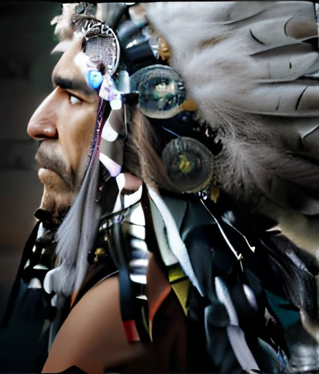 um close up de um homem usando um cocar com penas; Nativo americano, Indigenous, Um guerreiro nativo americano, indigenous man, : native american shamen fantasy, Guerreiro nativo americano, Indian warrior, american indian headdress, Cocar, aboriginal, nuvem vermelha, Shaman, eagle feather, xamanismo.