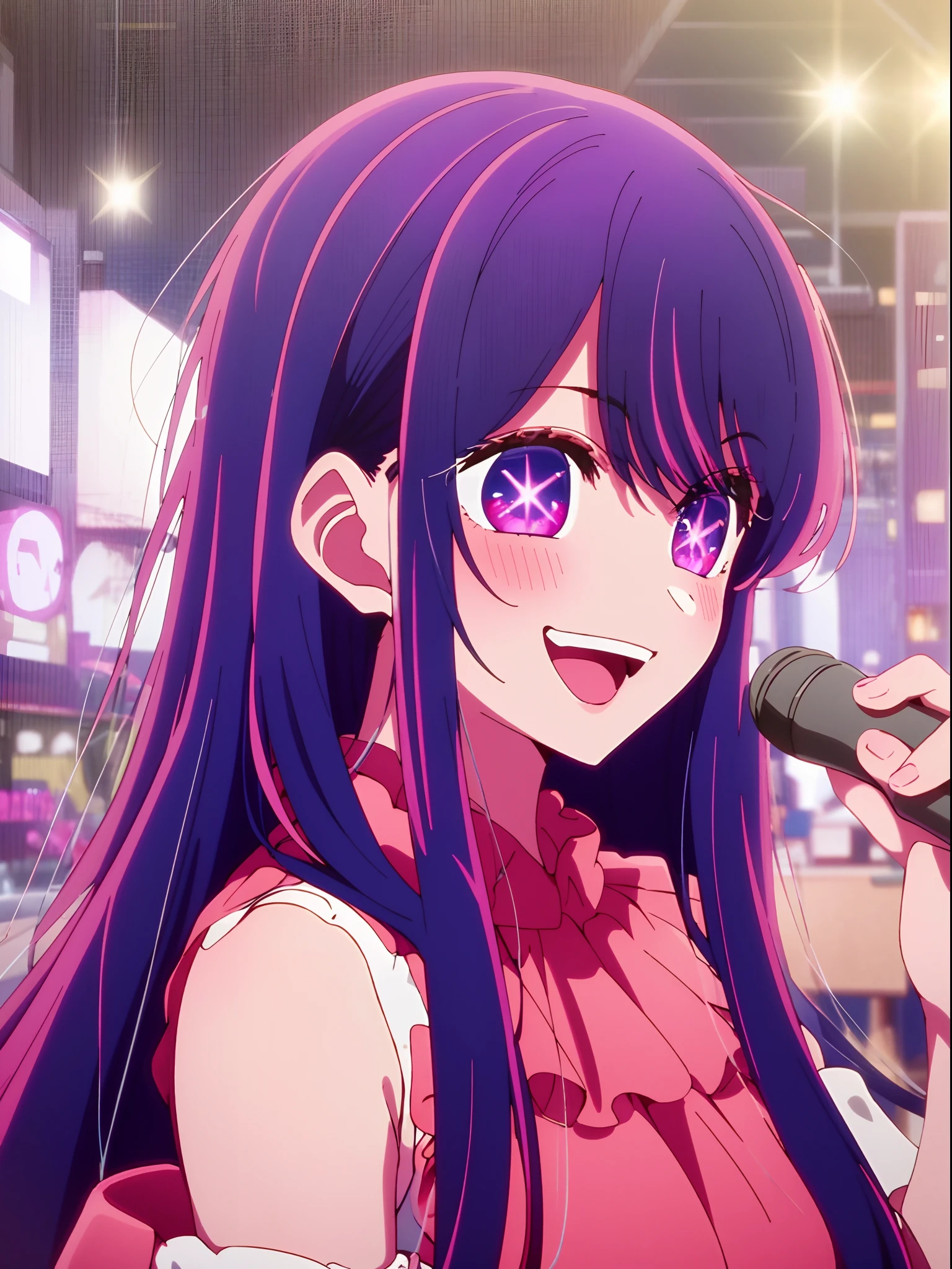 masterpiece、ighly detailed、(1 girl in:1.2)、purple color hair、pink dress、big eye、a closeup、A smile、8K、Ai Hoshino、Live performance venue、