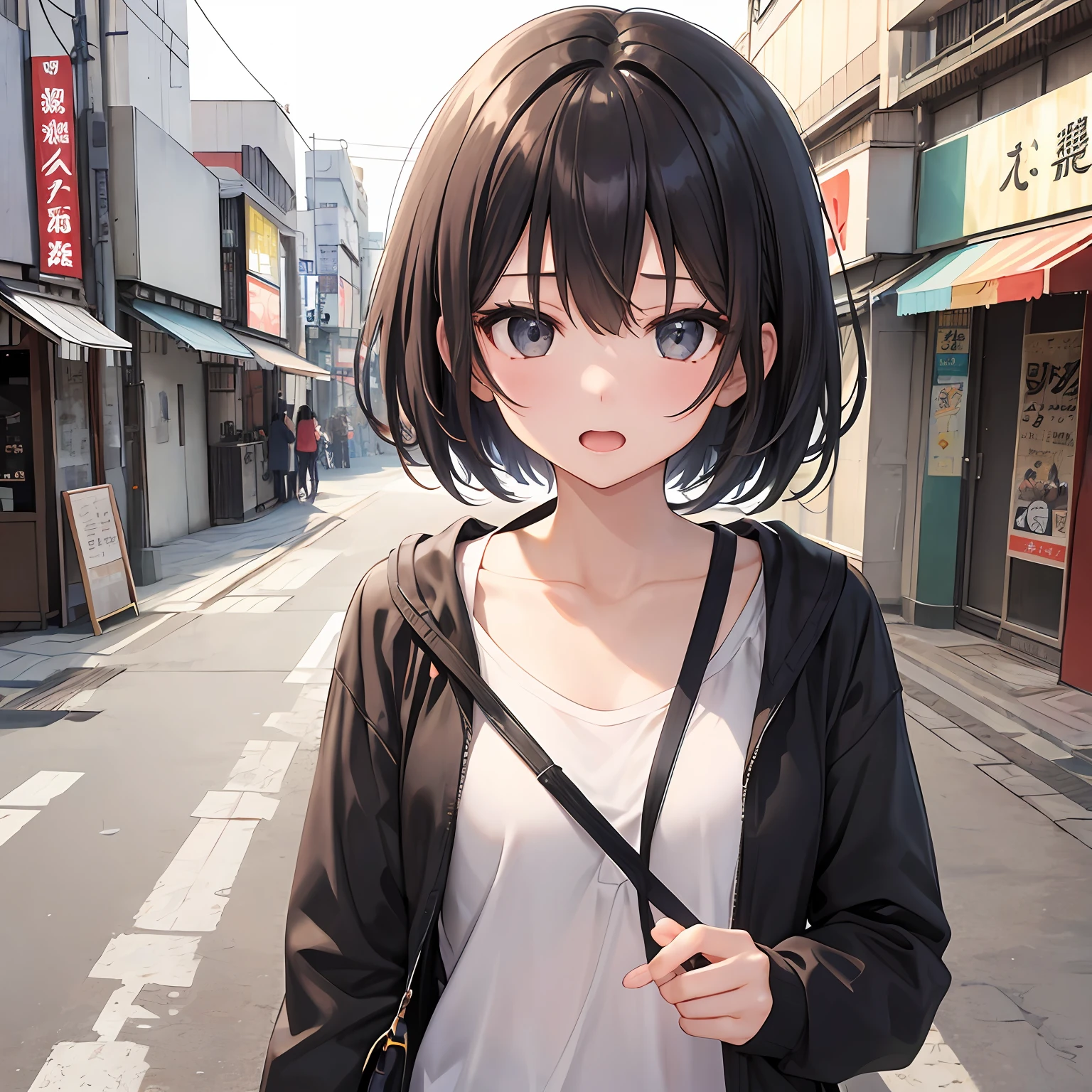A high resolution,ultra - detailed,(1girll:1.3), Facing the lens,Depicts a scene with the streets of Tokyo as the background,Has short black hair、Black eyes,Expressive faces、Cute outfit、A look of surprise、Open-mouthed。