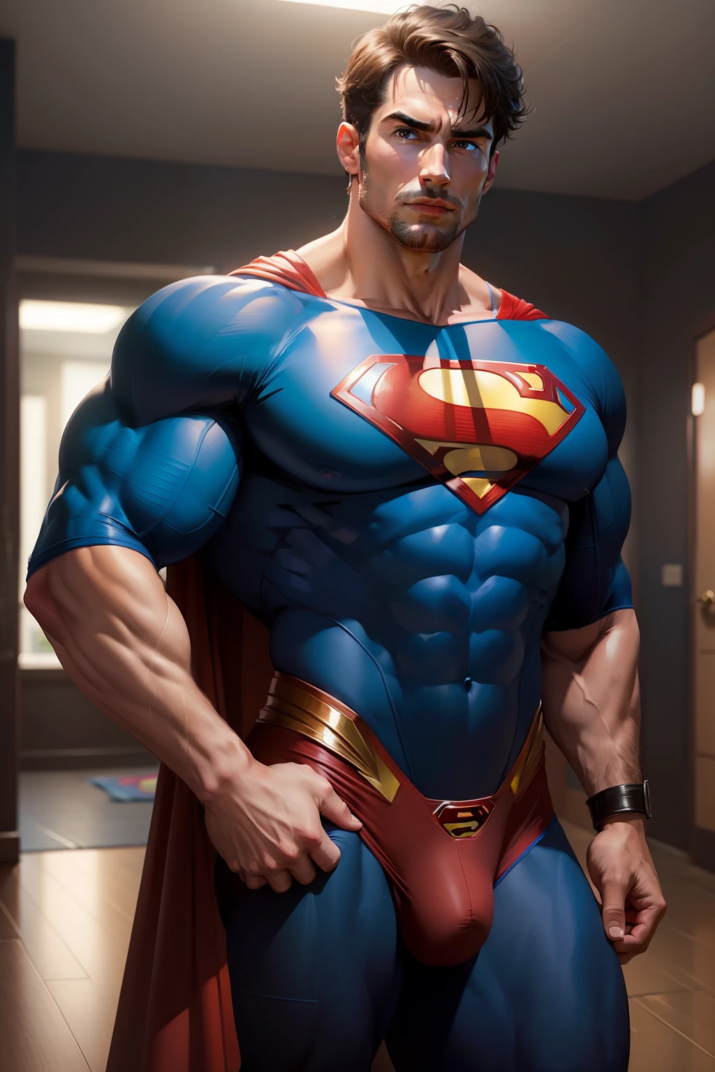 ((Masterpiece)), ((Best quality:1.2)), high resolution, 8K, Supergianthugebreasts_Realistic, Sharp focus, Muscular hot man, body builder, Short brown hair, (Handsome man in Superman blue tight union uniform:1.2), (bulge in panties), Tie with a rope, On the floor, Hands...