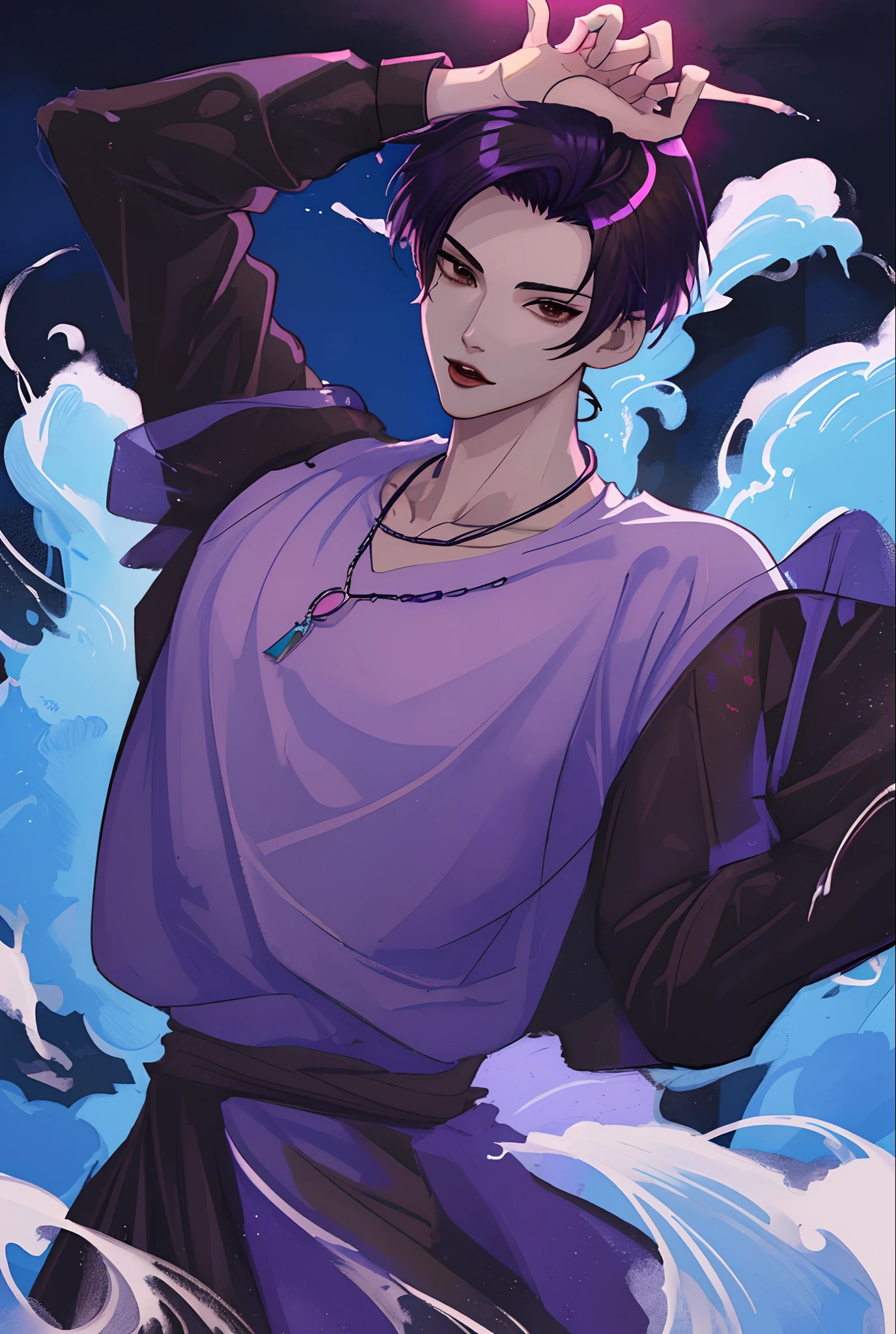 Moonlight behind, selfy, Rest in the mansion, Man with bright purple hair, inspired by Sim Sa-jeong, nixeu and sakimichan, Inspired by Wang Duo, Morgoth, inspired by Bian Shoumin, inspired by Gang Se-hwang, inspired by jeonseok lee, Tumbler, high-level image quality、 beautiful male、tall、𝓡𝓸𝓶𝓪𝓷𝓽𝓲𝓬、Korean Male, k pop, Professional Photos, Vampires, À la Fed Man with Necklace, inspired by Sim Sa-jeong, androgynous vampire, :9 detailed face: 8, extra detailed face, detailed punk hair, ((Brown eyes)) baggy eyes, Seductive. Highly detailed, semi realistic anime, Vampires, hyperrealistic , delicate androgynous prince, imvu, short hair above the ears, Man with short hair, Bangs parted in the center, Glaring expression, Cool pose, Korean fashion with black suit revealing chest plate, Realistic world view