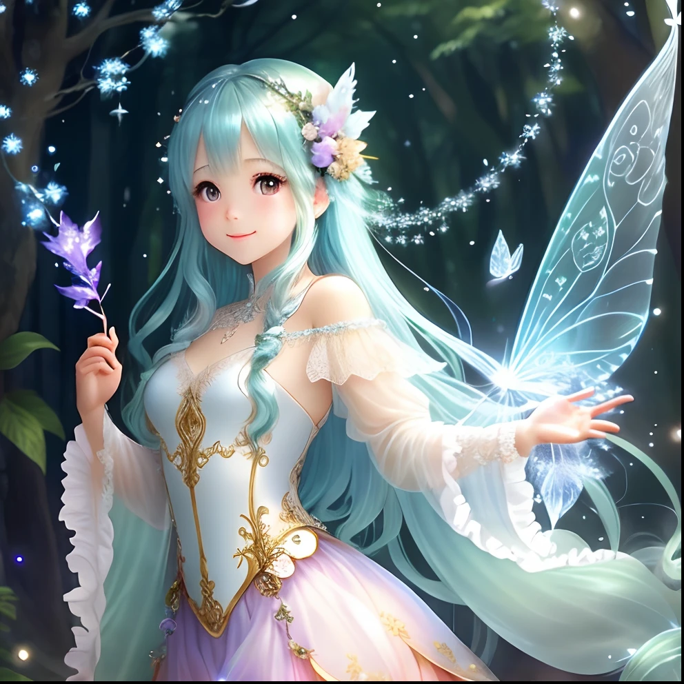 Beautiful fairy with a sense of transparency､Beautiful sparkling forest、Transparent feathers､kindly smile