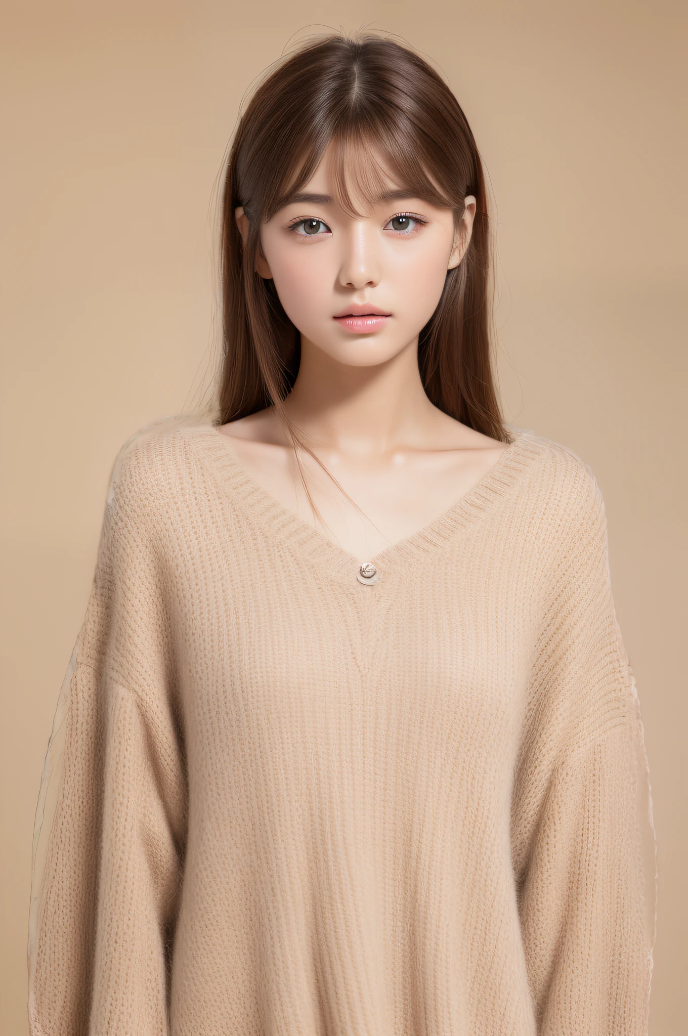 (top-quality、8k、32k、masterpiece、UHD:1.2)、Photo of a cute Japanese woman、The upper part of the body、(oversized_sweater、:1.1)simple background、Look around