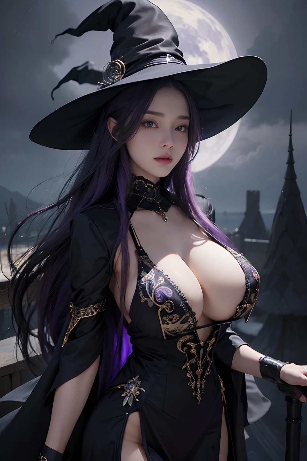 (Front Focus),(in the darkness nigth:1.6),Surrealist portraits of women by David Hockney and Alphonse Mucha,((ultra gigantic tits))、((Upper body naked))、( Exposed)、((Wizard's House))、Fantasyart,((Long purple hair))、((the witch))、((Sexy black and purple witch dress、Witch dresses with less fabric))、photographrealistic,动态照明,art stations,poster for,Volumetriclighting,extra detailed face,4 k'',((Colossal tits))、Beautifully embroidered award-winning black and purple sexy witch dress,With diamonds,Sexy thighs,Decorated with fine embroidered dress costumes and fine jewelry,exposing the abdomen ,Chest 1 Girl, In the Dark, deepshadow, low tune, Cowboy Shot,(official clothing:1.4), The eyes are confused and seductive,legs separated