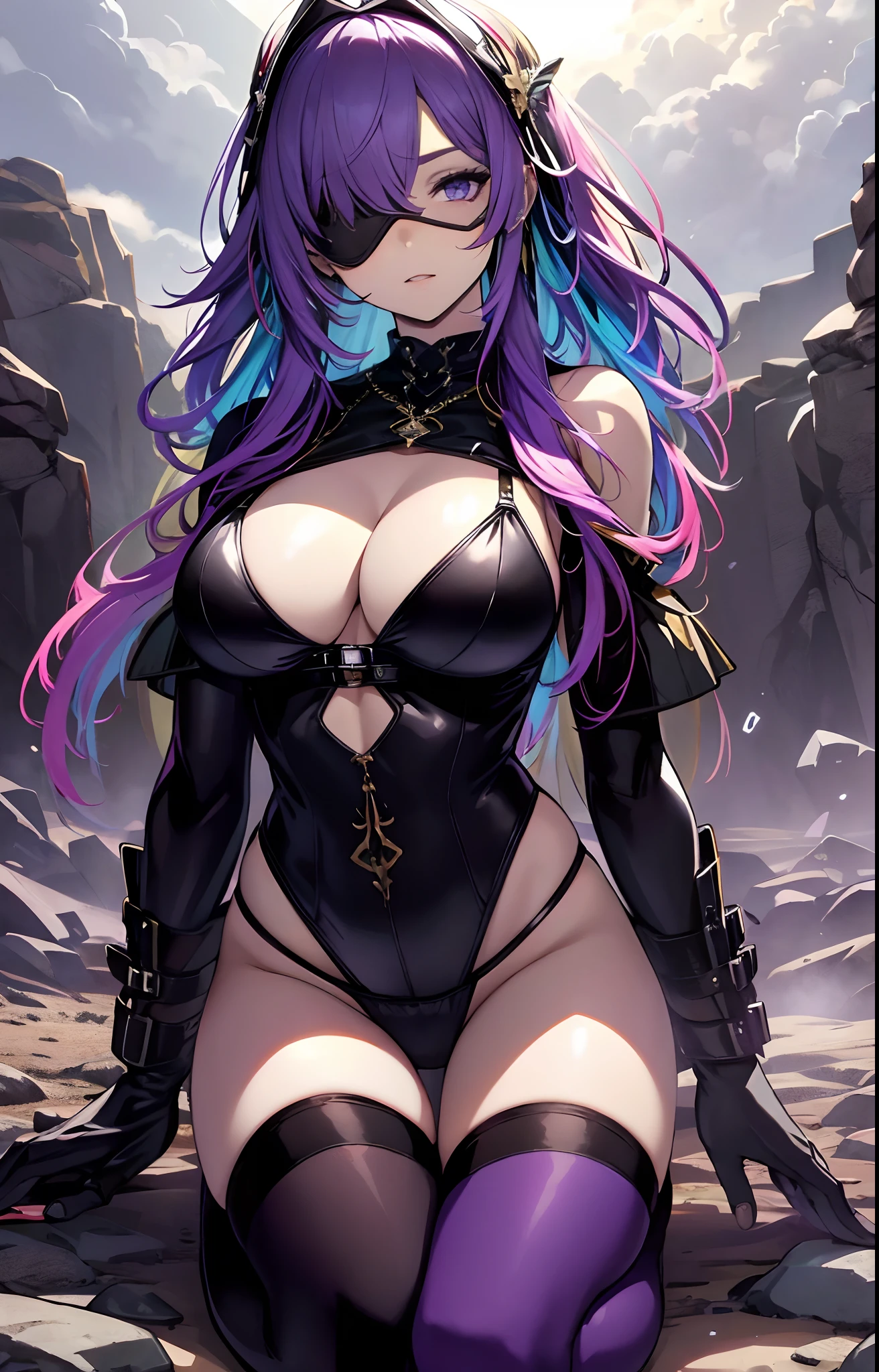 best qualityer,tmasterpiece,Ultimate resolution,downy,Extremely colorful,Colorful,Valley background,(Purple fog),Dancer,Bikini tights,Blindfolds,huge tit,The kinky is exposed,(cabellos largos dorados),Bird wings,a matural female,Kneeling pose,black reotard,vale,fog atmosphere,Normal posture