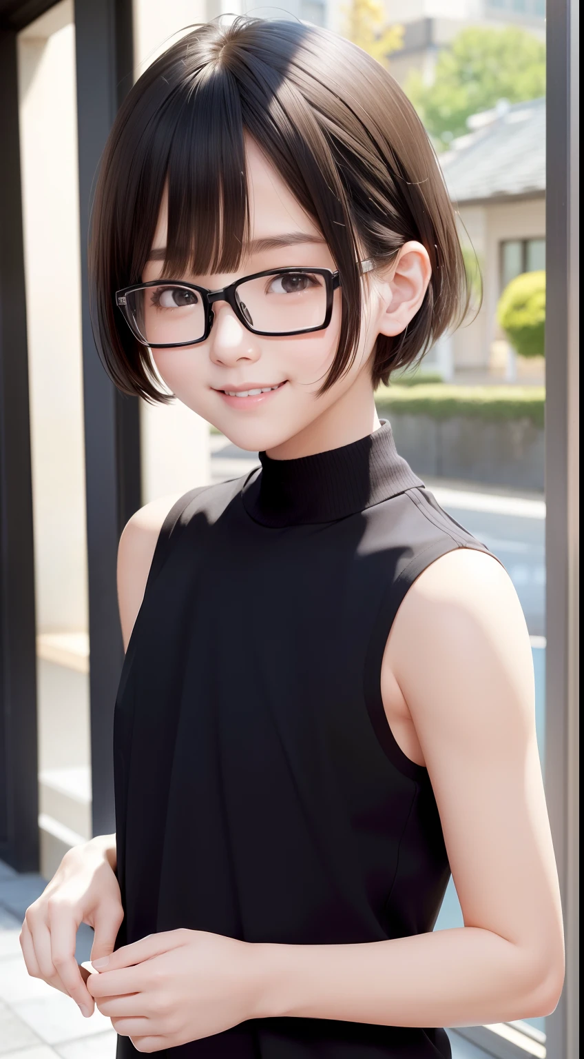 (masutepiece, Best Quality, Capture super cute moments, depth of fields, ultra-detailliert, Ultra High Resolution, C4D, Octadale, 3D Modeling, 8K, 16 K, girl with、a 、A dark-haired、short-hair、straight haired、Light brown eyes、hair adornments、wearing black glasses、A smile、cute face)、Valley、Swan Lake