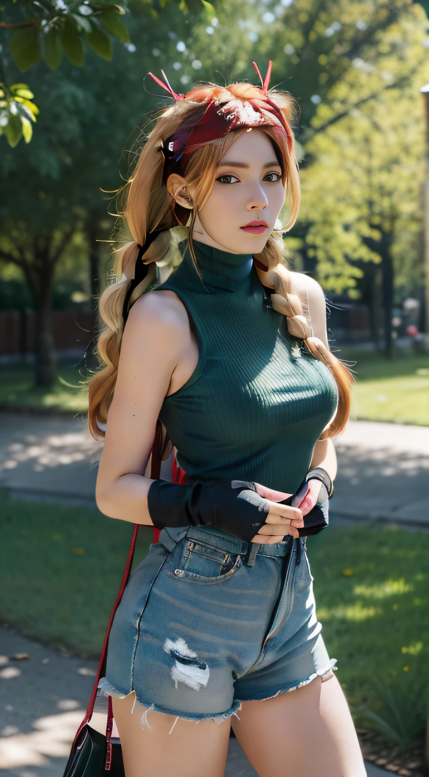Masterpiece, Best quality, A high resolution, 1girll, cammy white, Double up braid, Long hair, Blonde hair, Antenna hair, beret, (red headgear:1.3), Blue eyes, scar on the cheek, green bodysuit, Large breasts, Sleeveless, Red gloves, Fingerless gloves, disguise, Cowboy shot, standing, Outdoors, arms at sides, straight-on,