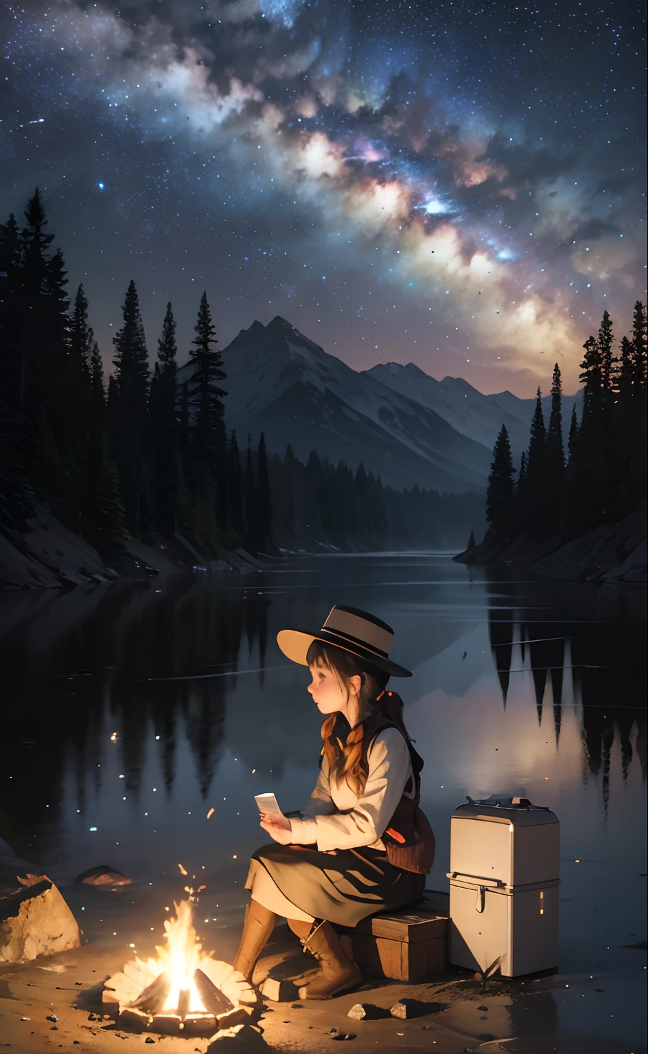 Masterpiece, Best quality, Ultra-detailed, illustration, 1girll, Solo, Outdoors, camping, Night, Mountains, Nature, stars, Moon, bonfires, tenten, double-ponytail, Green eyes, cheerful big breasts, cheerfulness, Backpack, sleeping bag, Camping stove, Water bottle, Mountain boots, mitts, Sweater, Hat, Flashlight, forest, Rocks, River, wood, Smoke, Shadows, Contrast, Clear sky, constellation, Milky Way, Peaceful, serene, Quiet, tranquil, Remote, secluded, Adventurous, exploration, escape, independence, Survival, resourcefulness, challenge, perseverance, endurance, endurance, Observation, intuition, Adaptability, creativity, imagination, Artistry, Inspiration, Beauty, in awe, Wonder, Gratitude, Appreciation, unwind, Enjoyment, rejuvenation, Mindfulness, Awareness, Connection, Harmony, balance, Texture, detail, Realism, Depth, Perspective, composition, Color, Light, black shadows, Reflection, refractions, Ton, Contrast, foreground, Middle ground, Background, Naturalistic, Figurative, representational, impressionistic, expressionistic, abstracted, Innovative, Experimental, Unique