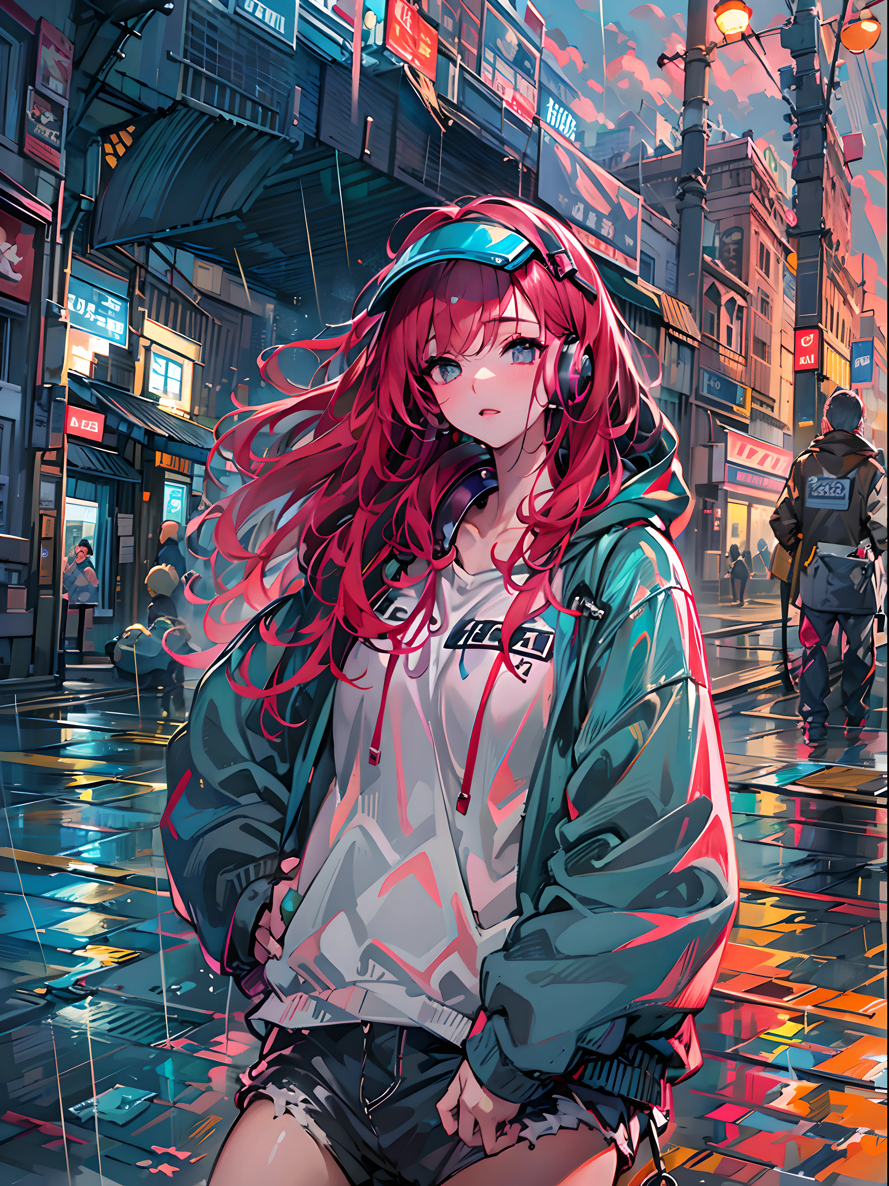 8K分辨率、((top-quality))、((masterpiece))、((ultra-detailliert))、1 woman、独奏、incredibly absurdness、Oversized hoodies、headphones、Street、plein air、Rain at night、neons、Shortcut Hair、Brightly colored eyes、Hands in pockets、shortpants、water dripping、red hairs、Bob Hair