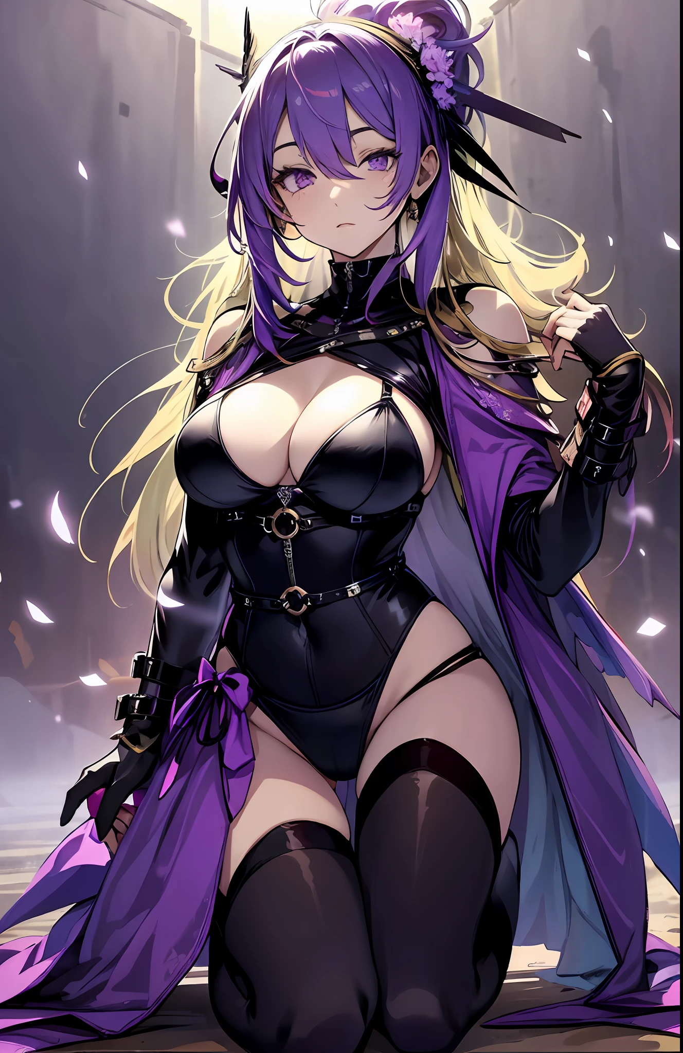 best qualityer,tmasterpiece,Ultimate resolution,downy,Extremely colorful,Colorful,Valley background,(Purple fog),Dancer,Bikini tights,Blindfolds,huge tit,The kinky is exposed,(cabellos largos dorados),Bird wings,a matural female,Kneeling pose,black reotard,vale,fog atmosphere,Normal posture