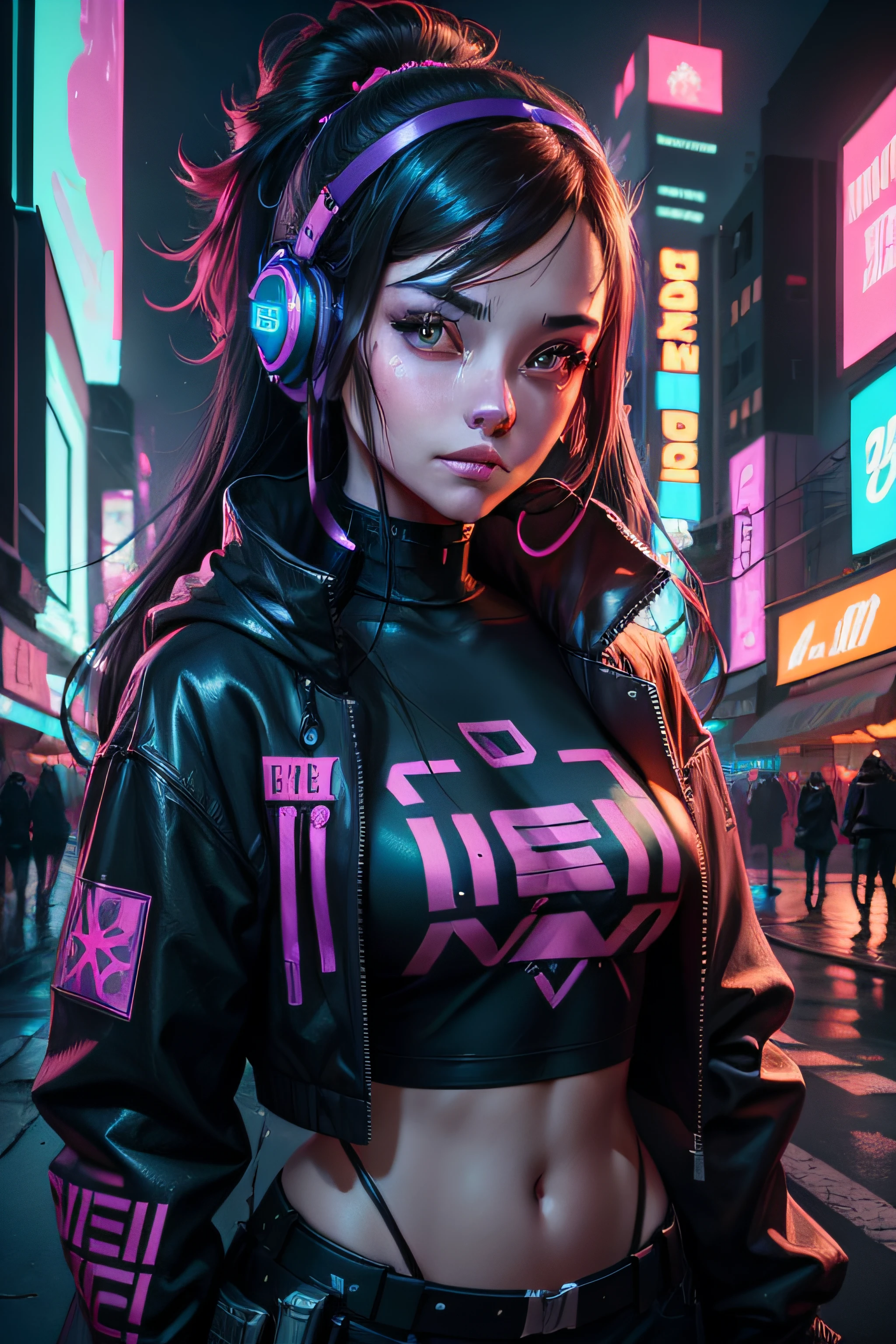 Girl with messy long black hair and brown eyes, vibrant brown eyes, with headphones in Neon City at night, RossDraw Vibrant Cartoon, digital cyberpunk anime art, cyberpunk art style, glowwave girl portrait, bright cyberpunk glow, cyberpunk anime art, Ross Tran 8 K, Cyberpunk Artstyle, Wojtek Fus, cyberpunk anime art, Lois van Baarle and Rossdraws,  the portrait of cyberpunk girl, Neon Cyberpunk, Jen Bartel