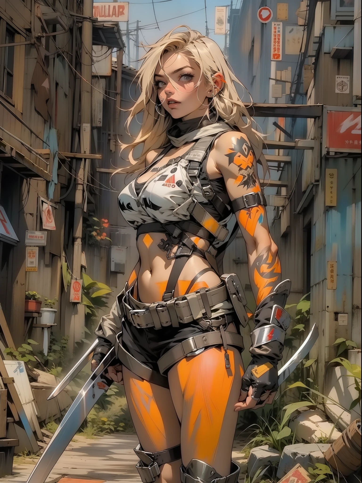 close de uma guerreira mulher de 35 anos musculosa quase nua no estilo Simon Bisley para a capa da revista Heavy Metal, cabelo metade preto metade branco, Minimum clothing, Roupas curtas, (((mulher))), (((melhor qualidade))), (((obra prima))), (((adulta))), Uma guerreira mulher de 35 anos com corpo perfeito, Brooklyn Gladiators, hand with steel gloves and metal tips, (( under boobs )), (( Tiny thong )), quase nua no estilo selvagem urbano de Simon Bisley para a capa da revista 2000 A.D., cabelo curto desalinhado, Minimum clothing, arm with heavy metal protection full of tips, tatuagem tribal, estrelas de 5 pontas, (((corpo inteiro))), cabelo preto curto com franja branca cobrindo a testa