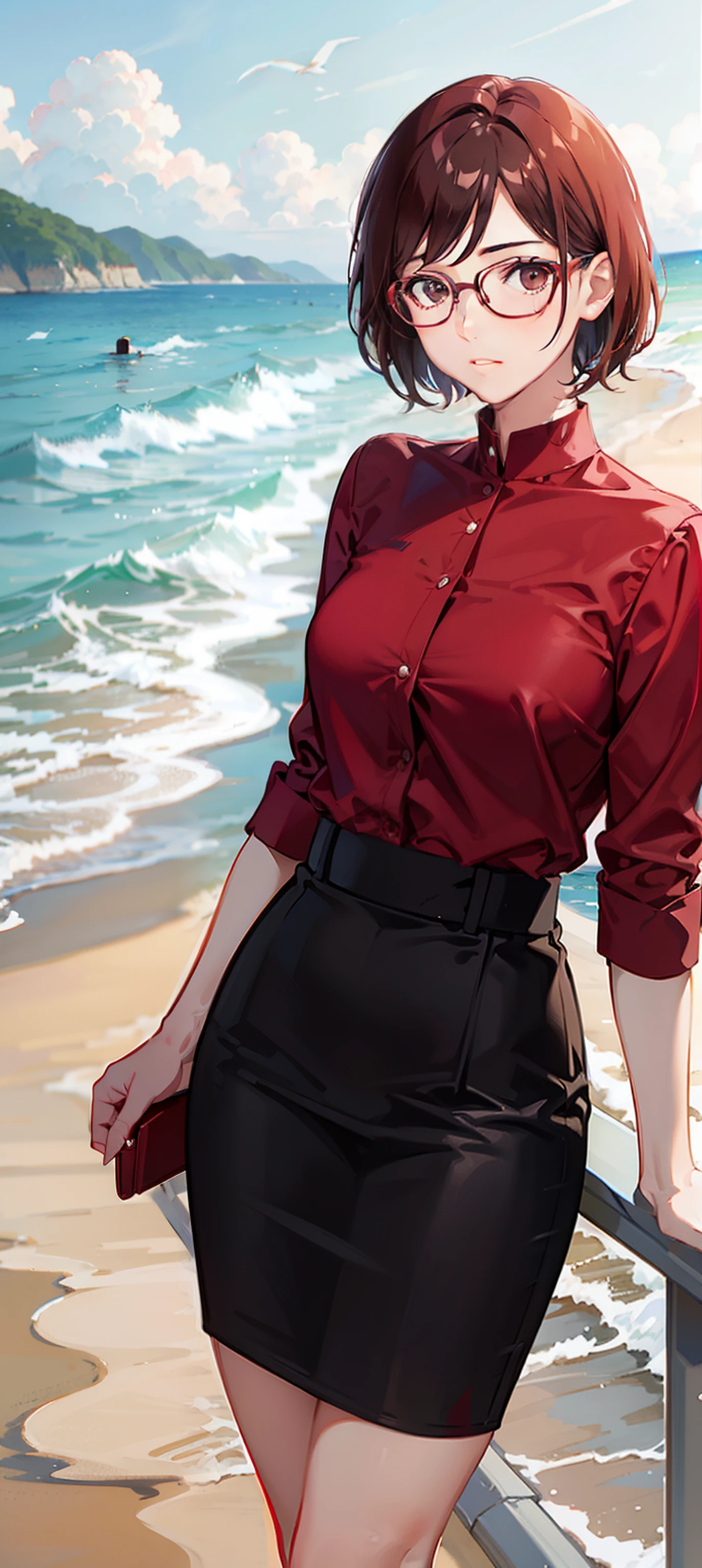 Office woman with short brown hair wearing red glasses,By the sea at night,The side face is a little melancholy