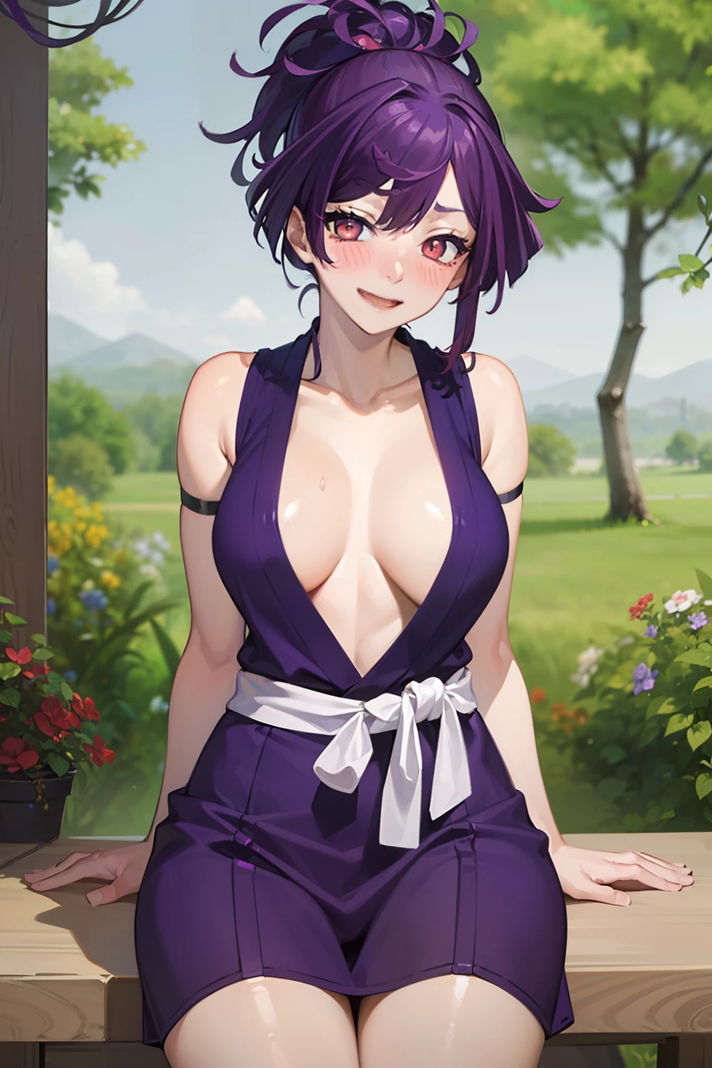 best quality, masterpiece, (leaning over:1.2), 1girl, yuzuriha_(jigokuraku), purple hair, brown eyes, ninja, open clothes, cleavage, small breasts, topknot, medium hair, breasts apart, seductive smile, (blush:1.1), japanese exterior, temple, sengoku period town, town (NSFW 1.5)