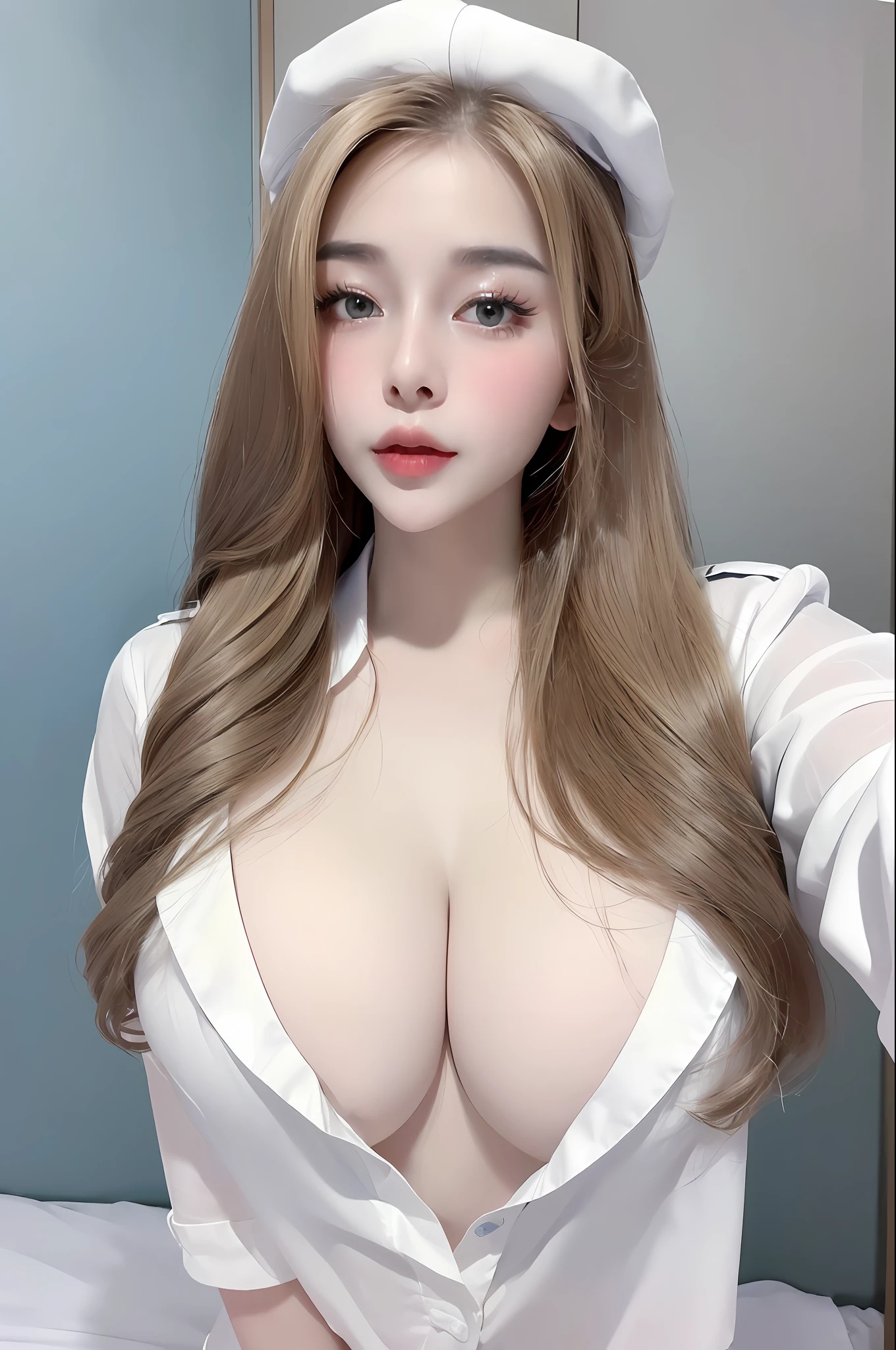 (Best quality, 8k, 32k, Masterpiece, UHD:1.2),Photo of Pretty Japanese woman, 1girl, (long blonde hair), (large breasts), double eyelid, White police uniform, small white nurse (cap), white shirt, open shirt, hospital, patient's room, upper body, sexy