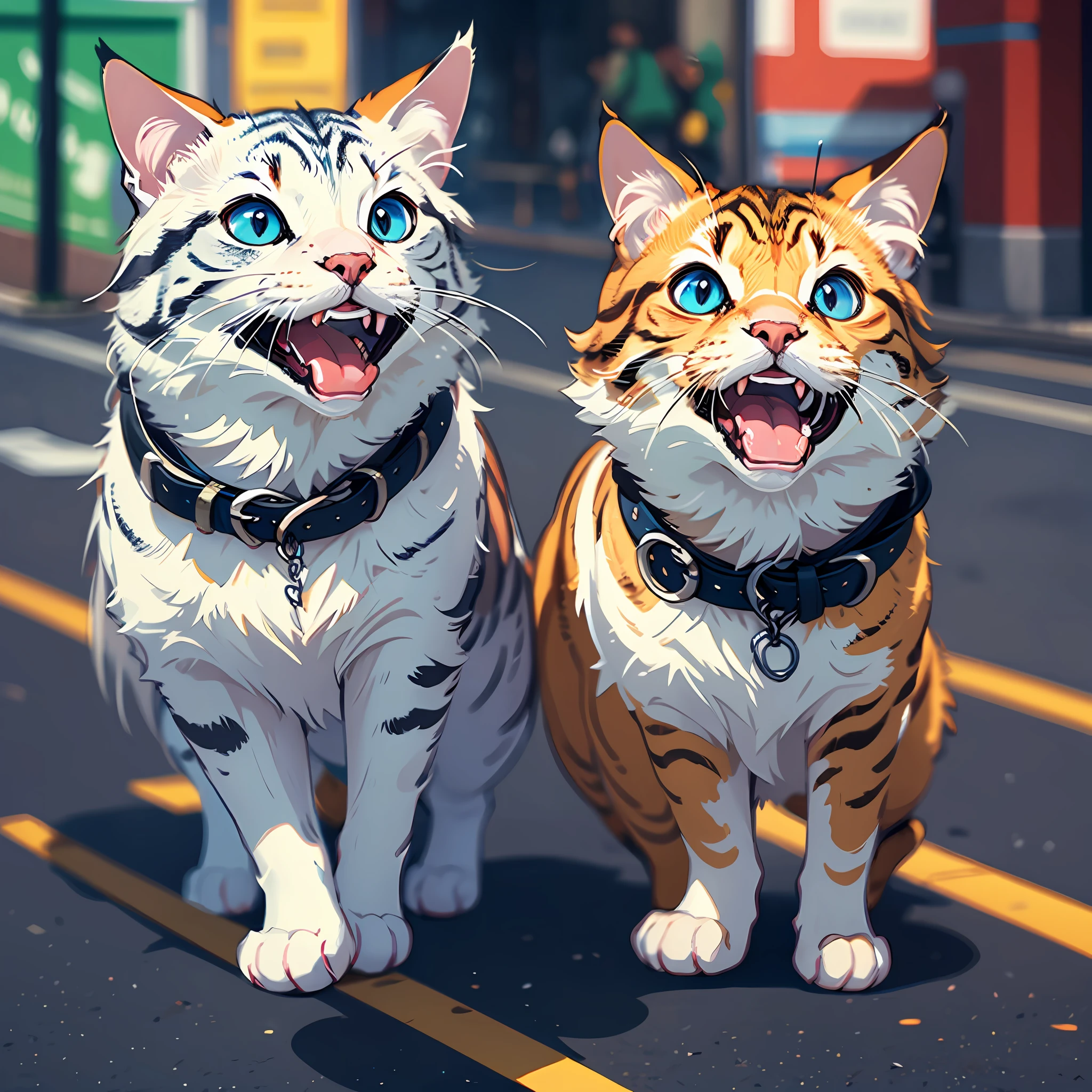 Two dancing cats with laughing faces holding hands on the street