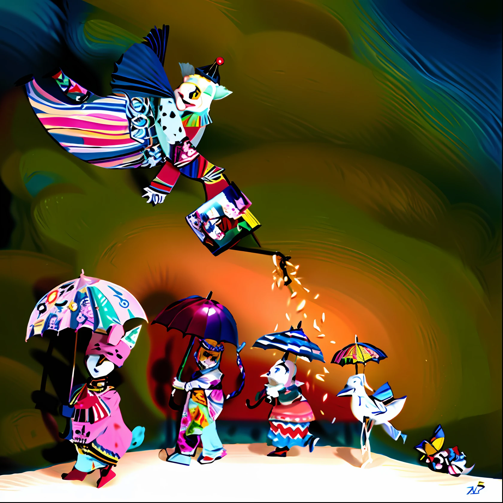 painting of a clown flying over a group of people with umbrellas, Directed by: Alice Rahon, Directed by: Nil Gleyen, arte caprichosa, Directed by: Nadya Rusheva, Directed by: Neysa McMein, colorful kids book illustration, Directed by: Nancy Carline, Directed by: Orshi Drozdik, Directed by: Zofia Stryjenska, Directed by: Olga Rozanova, inspirado em Louis Wain