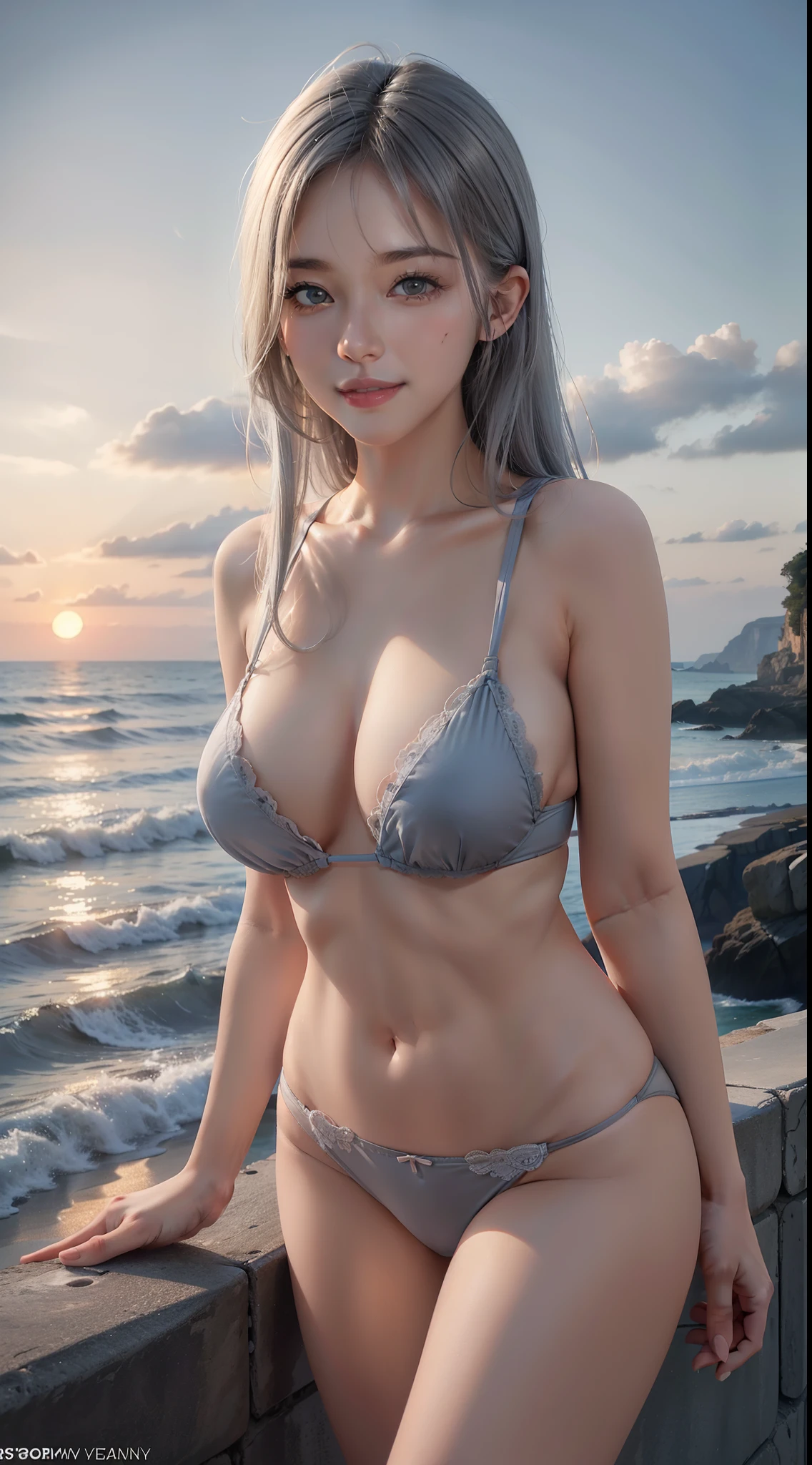 Beautiful sunset with sea view，Dusk line，swell sea，A very beautiful woman，Gray hair，Gray hair，Wear underwear and panties，Normal-sized breasts，Collect breasts，16k，Realiy，close-up all over the body，full bodyesbian，ssmile，ssmile，ssmile