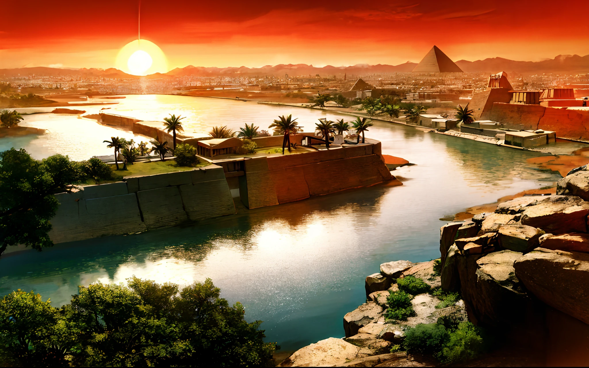 Ancient Egyptian civilization，wide wide shot，Nile River，pyramid，setting sun，The river extends to the horizon，epic sense，Sense of grandeur