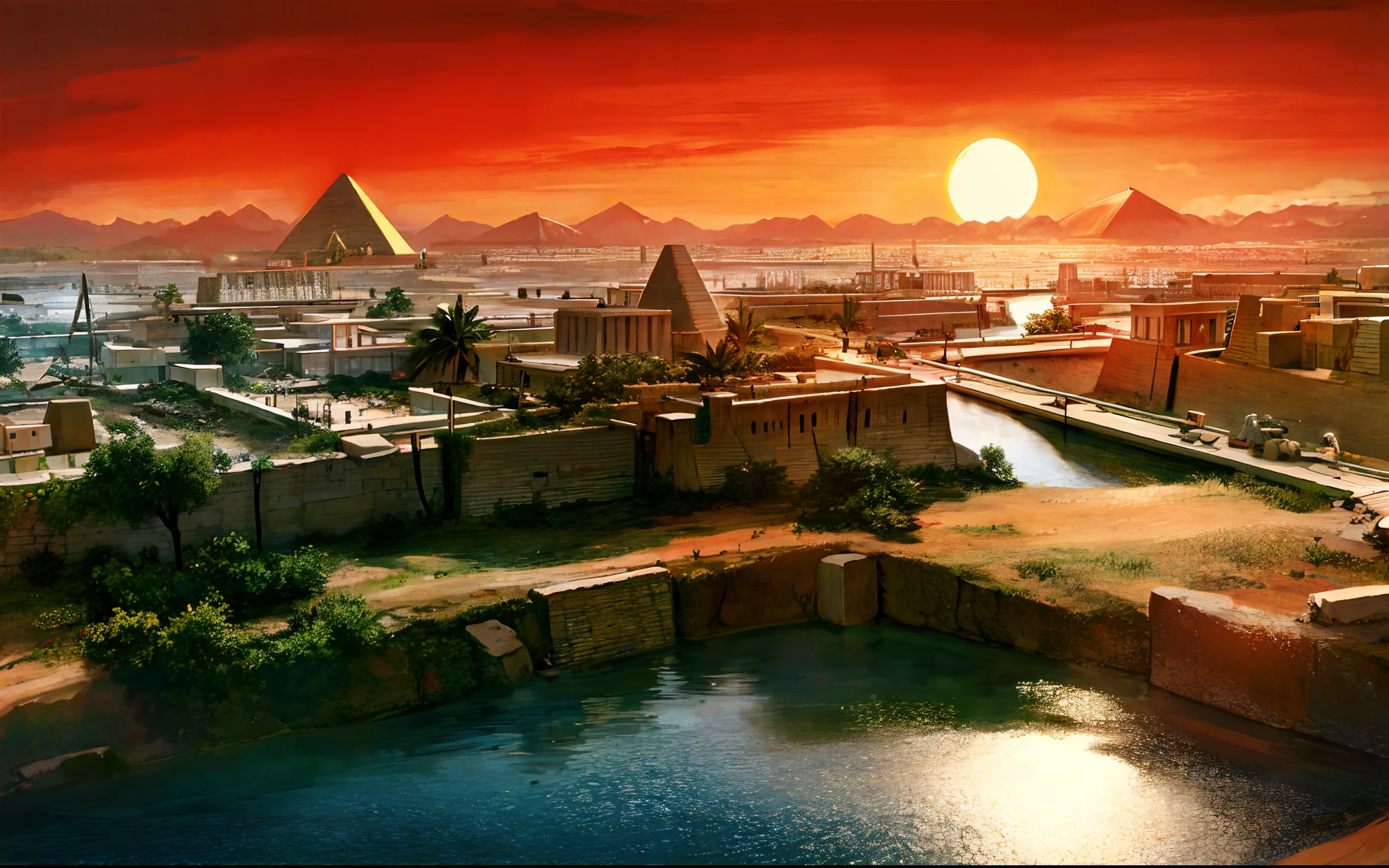 Ancient Egyptian civilization，wide wide shot，Nile River，pyramid，setting sun，The river extends to the horizon，epic sense，Sense of grandeur