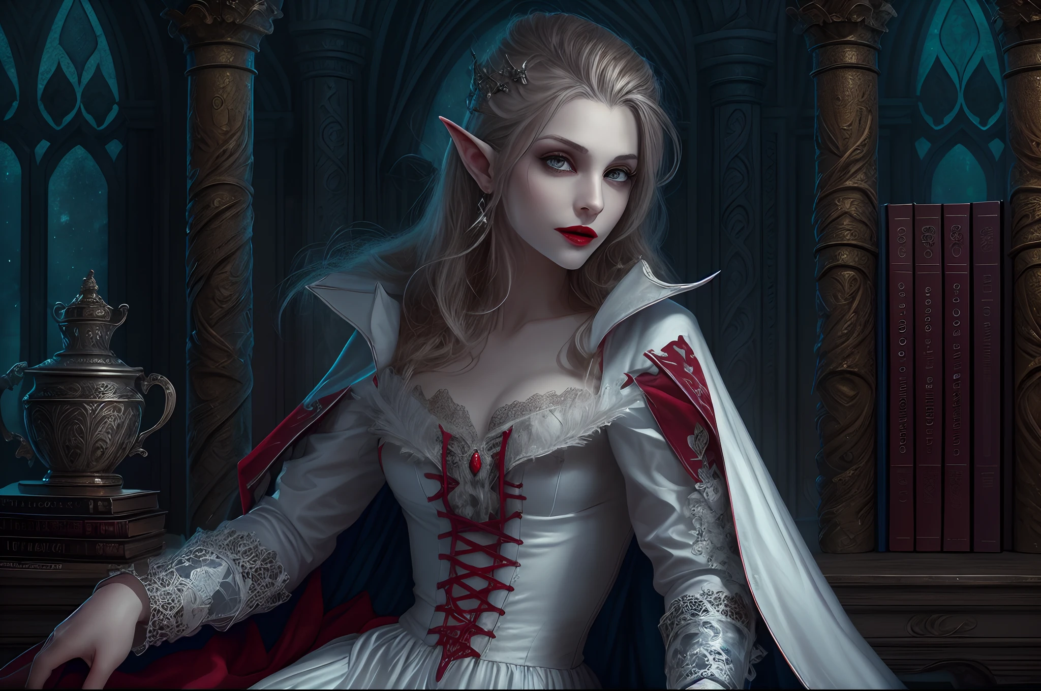 a picture of vampire elf in her castle, an exquisite beautiful female vampire elf standing under the starry night sky,  full body (ultra detailed, Masterpiece, best quality), ultra detailed face (ultra detailed, Masterpiece, best quality), grey skin, blond hair, wavy hair, blue eyes, cold eyes, glowing eyes, intense eyes,  small pointed ears, smirking, smile with [[drops of blood on face]] (ultra detailed, Masterpiece, best quality), dark red lips, [vampire fangs], wearing white dress (ultra detailed, Masterpiece, best quality), dark blue cloak, high heeled boots in starry night sky, high details, best quality, 8k, [ultra detailed], masterpiece, best quality, (ultra detailed), full body, ultra wide shot, photorealism, Larry Elmore style, dark fantasy art, gothic art, many stars,  gothic art, sense of dread,