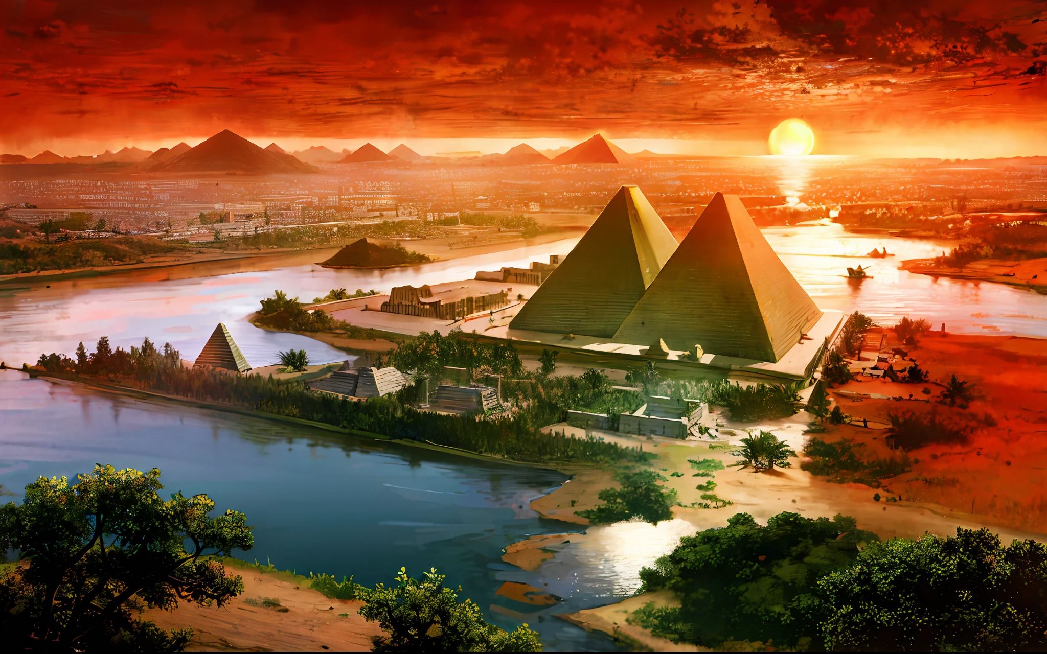 Ancient Egyptian civilization，wide wide shot，Nile River，pyramid，setting sun，The river extends to the horizon，epic sense，Sense of grandeur